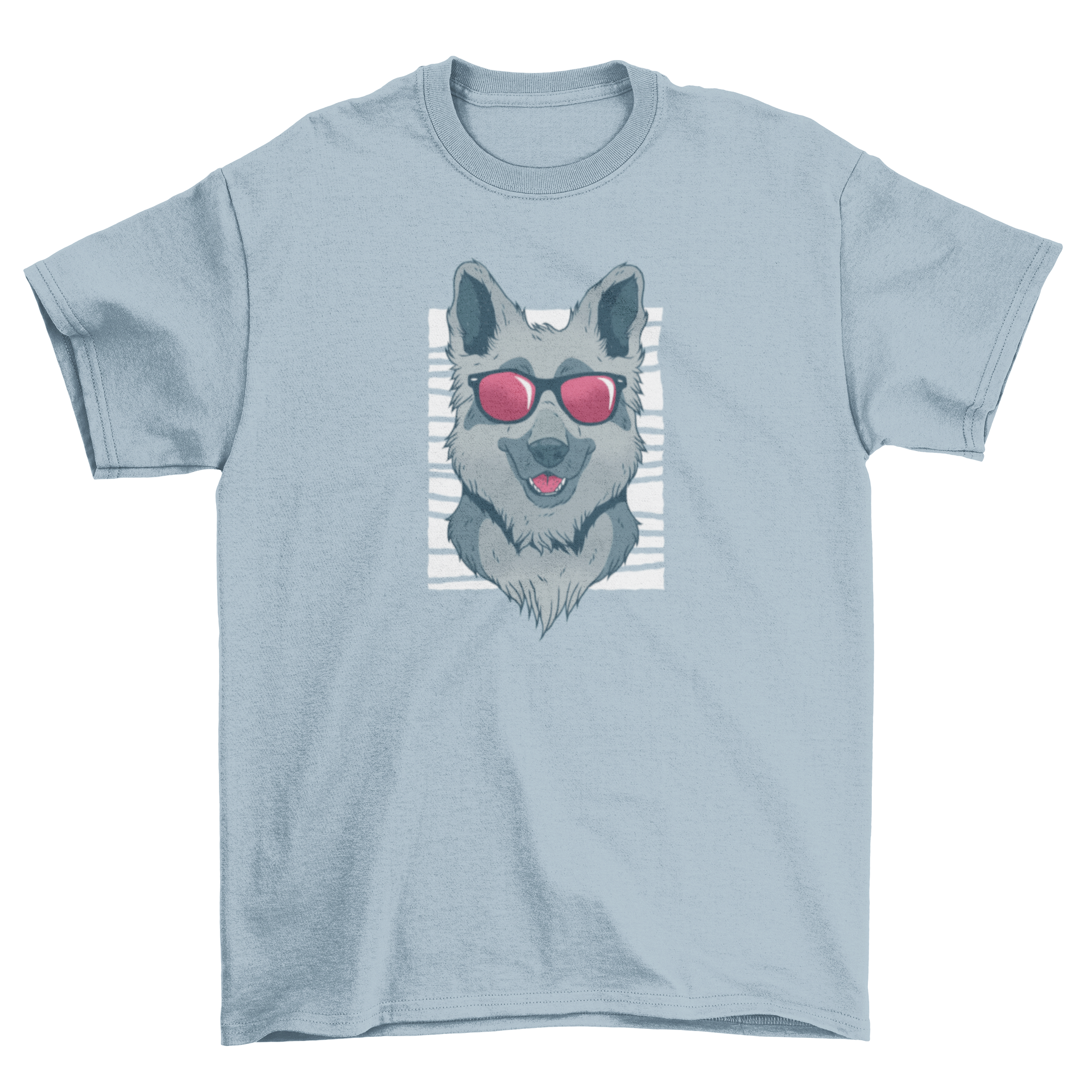 A cute German Shepherd dog wearing dark sunglasses, showcasing a fun and stylish design.