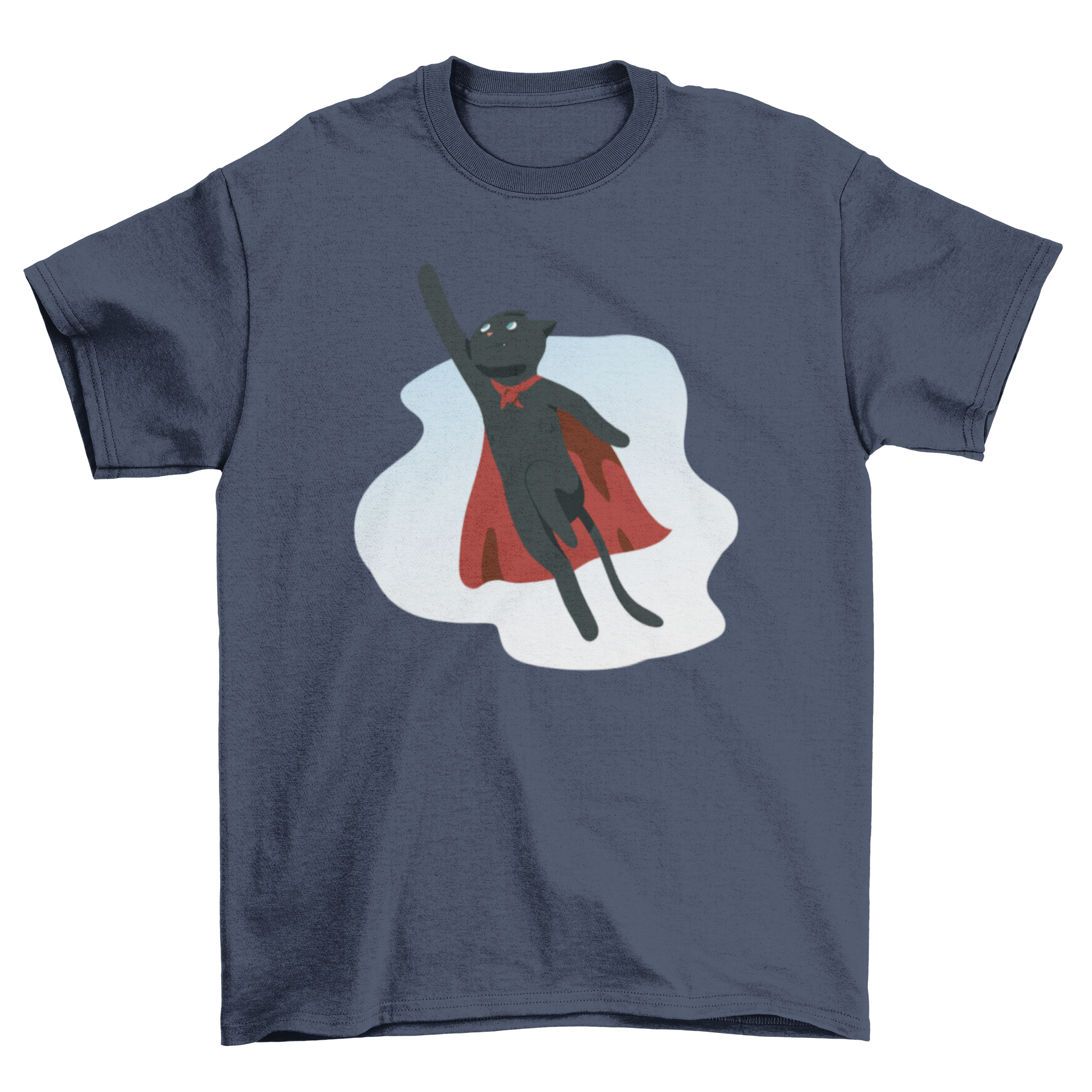 A playful black cat wearing a red cape, flying through the air, illustrated on a t-shirt.