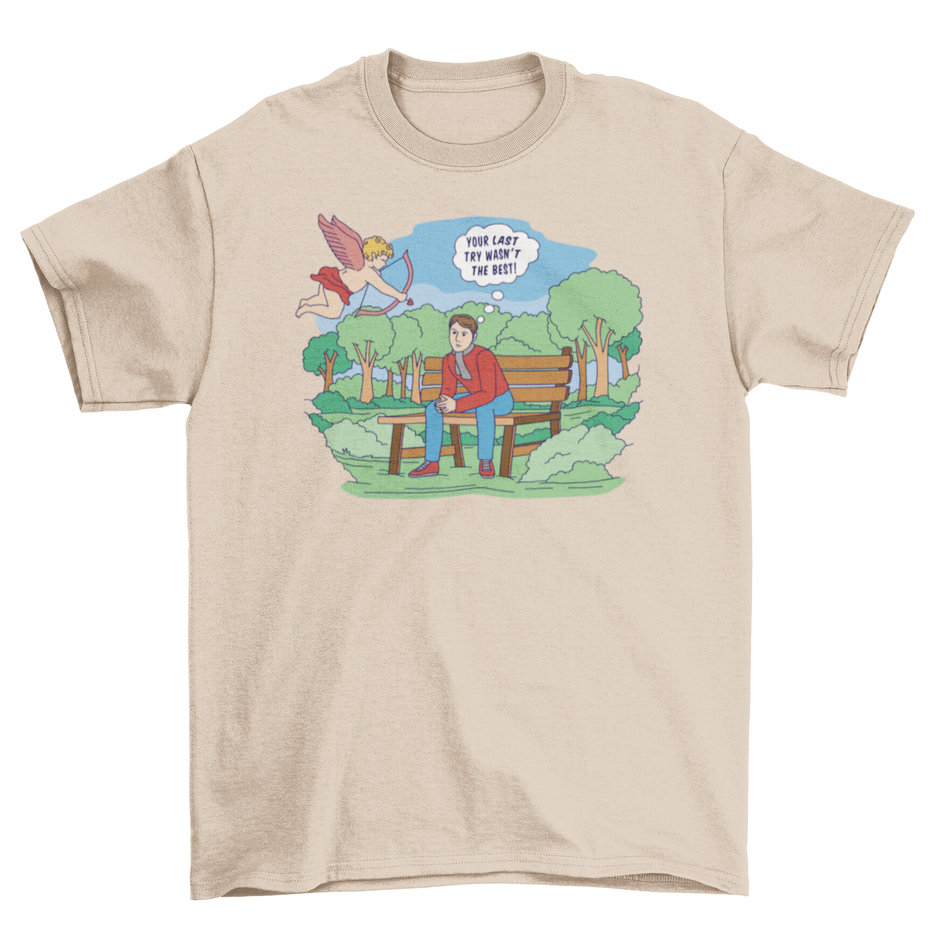 Funny Cupid love comic t-shirt featuring Cupid aiming an arrow at a man with a humorous quote.