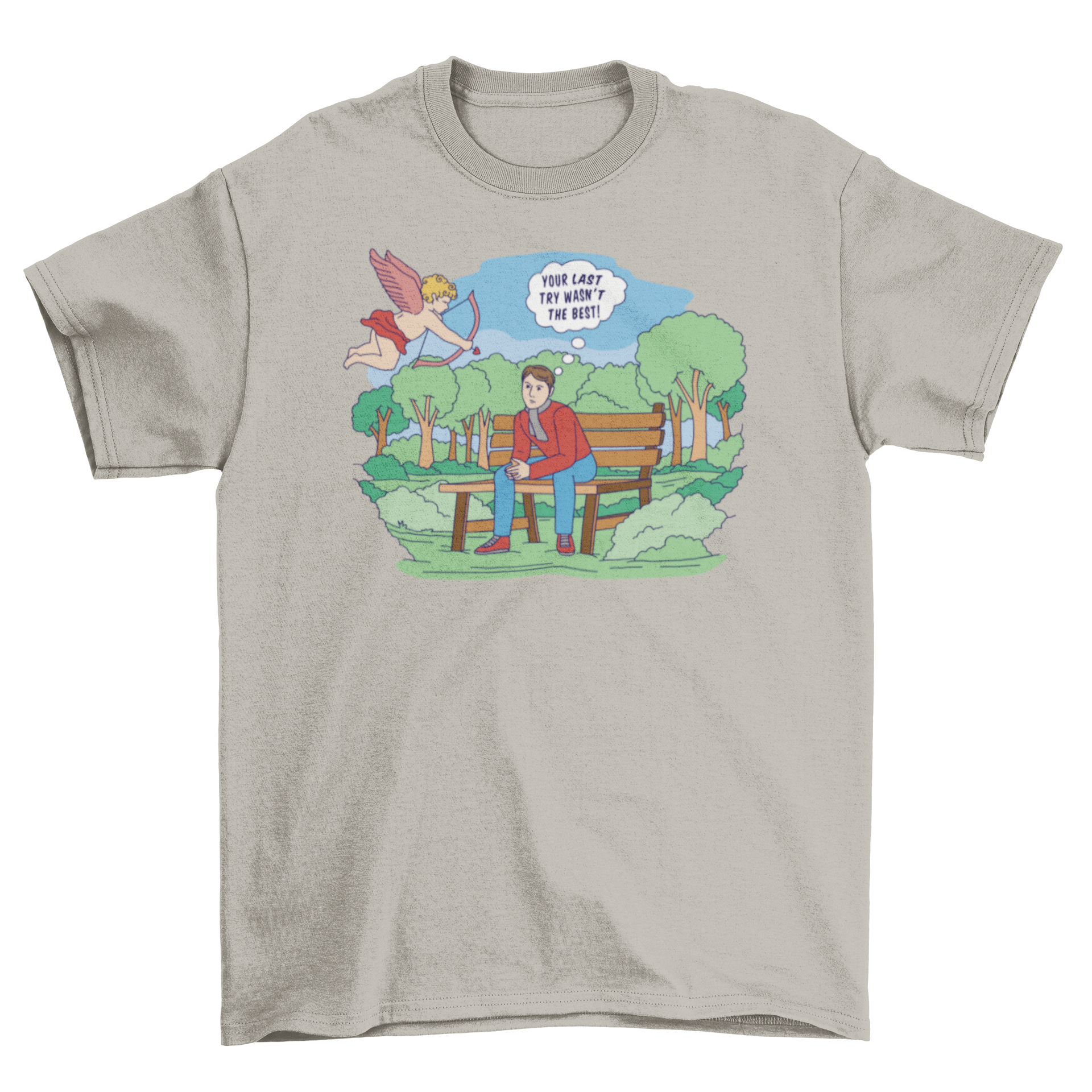 Funny Cupid love comic t-shirt featuring Cupid aiming an arrow at a man with a humorous quote.