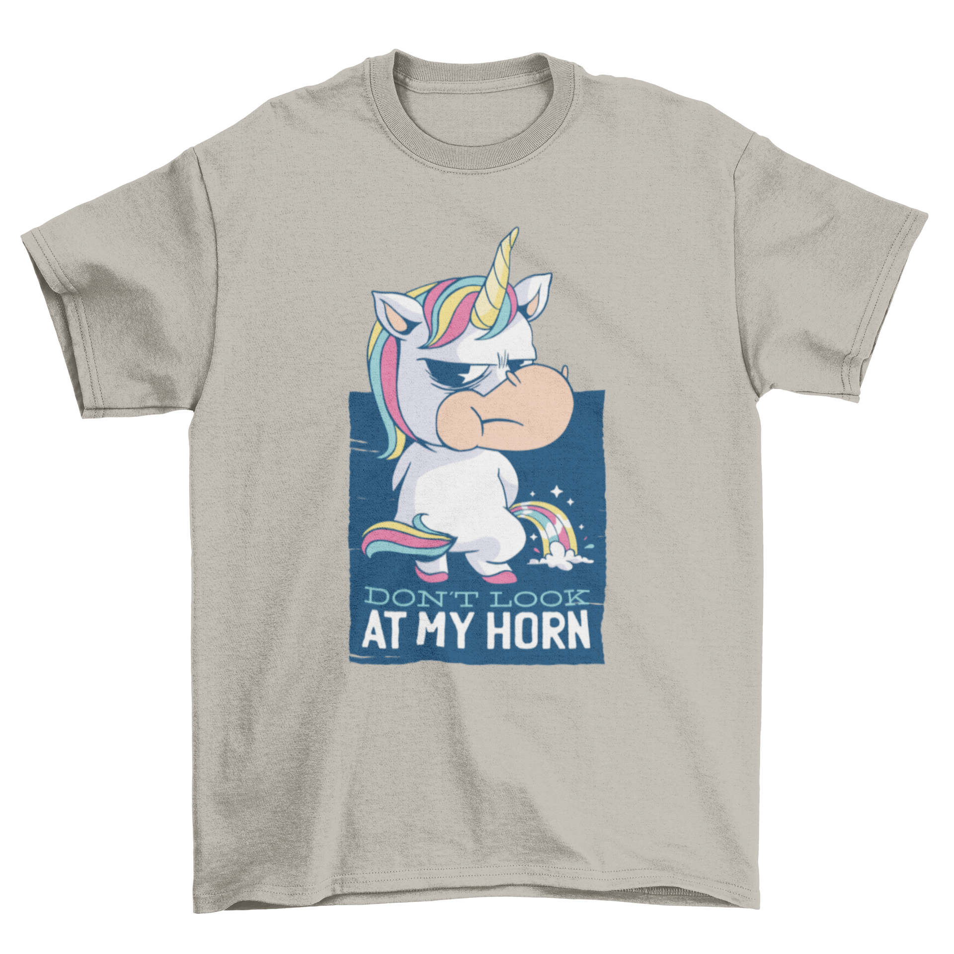A colorful t-shirt featuring a cute unicorn and the quote 'DON'T LOOK AT MY HORN' in playful typography.