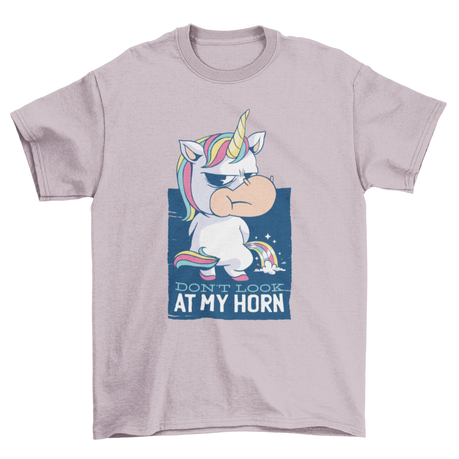 A colorful t-shirt featuring a cute unicorn and the quote 'DON'T LOOK AT MY HORN' in playful typography.
