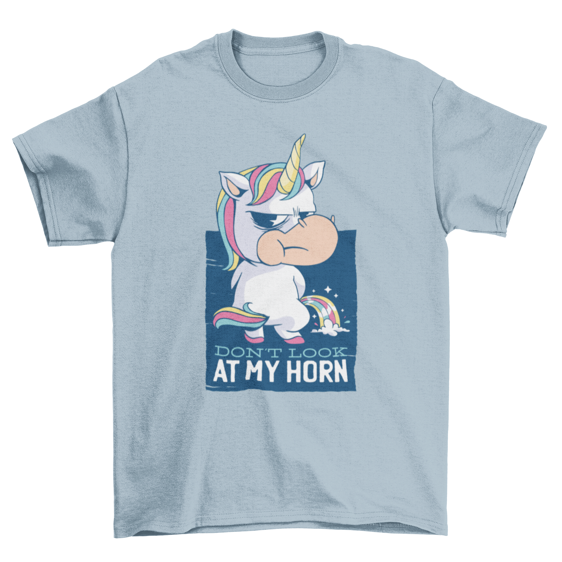 A colorful t-shirt featuring a cute unicorn and the quote 'DON'T LOOK AT MY HORN' in playful typography.