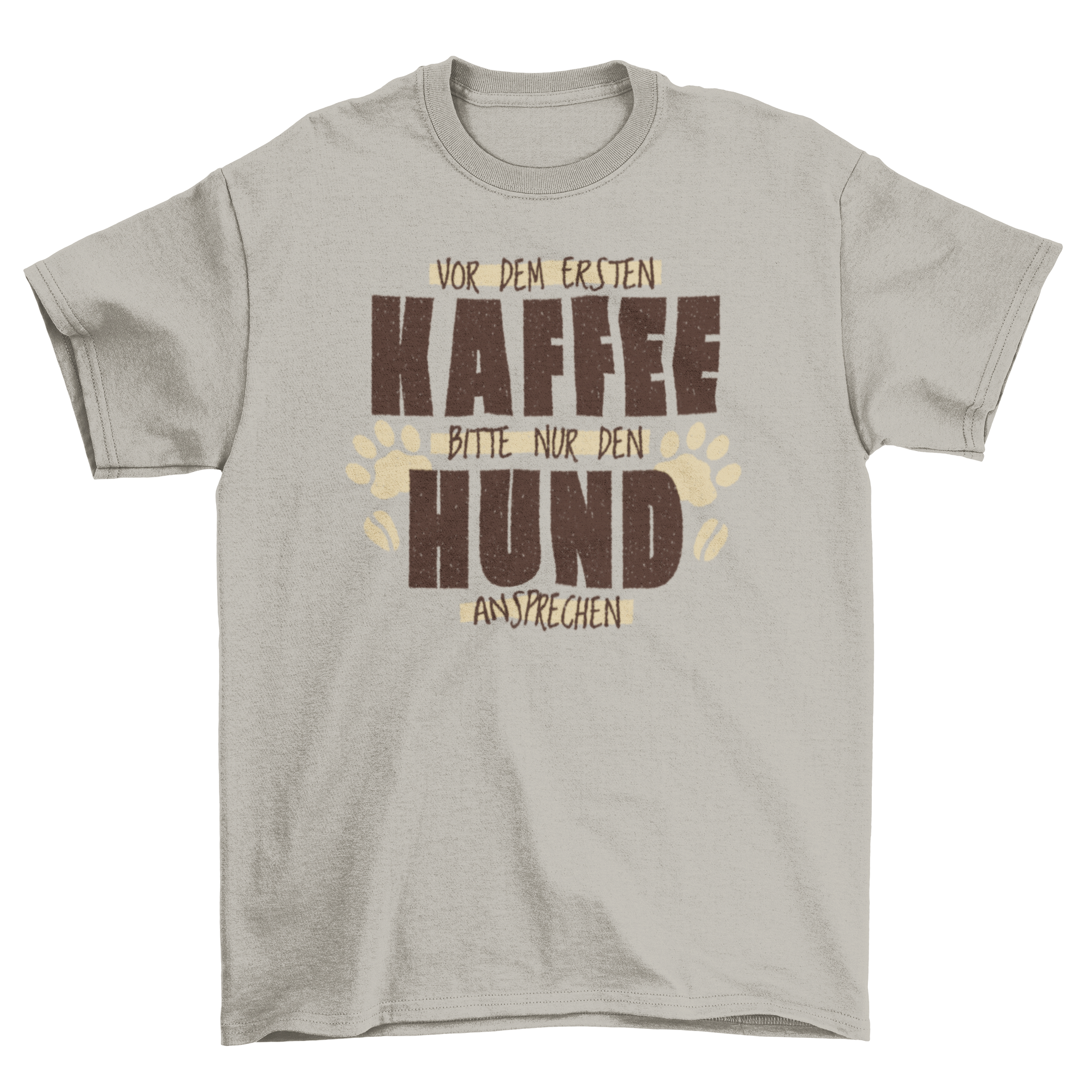 Funny dog quote t-shirt featuring a humorous German saying about coffee and dogs.