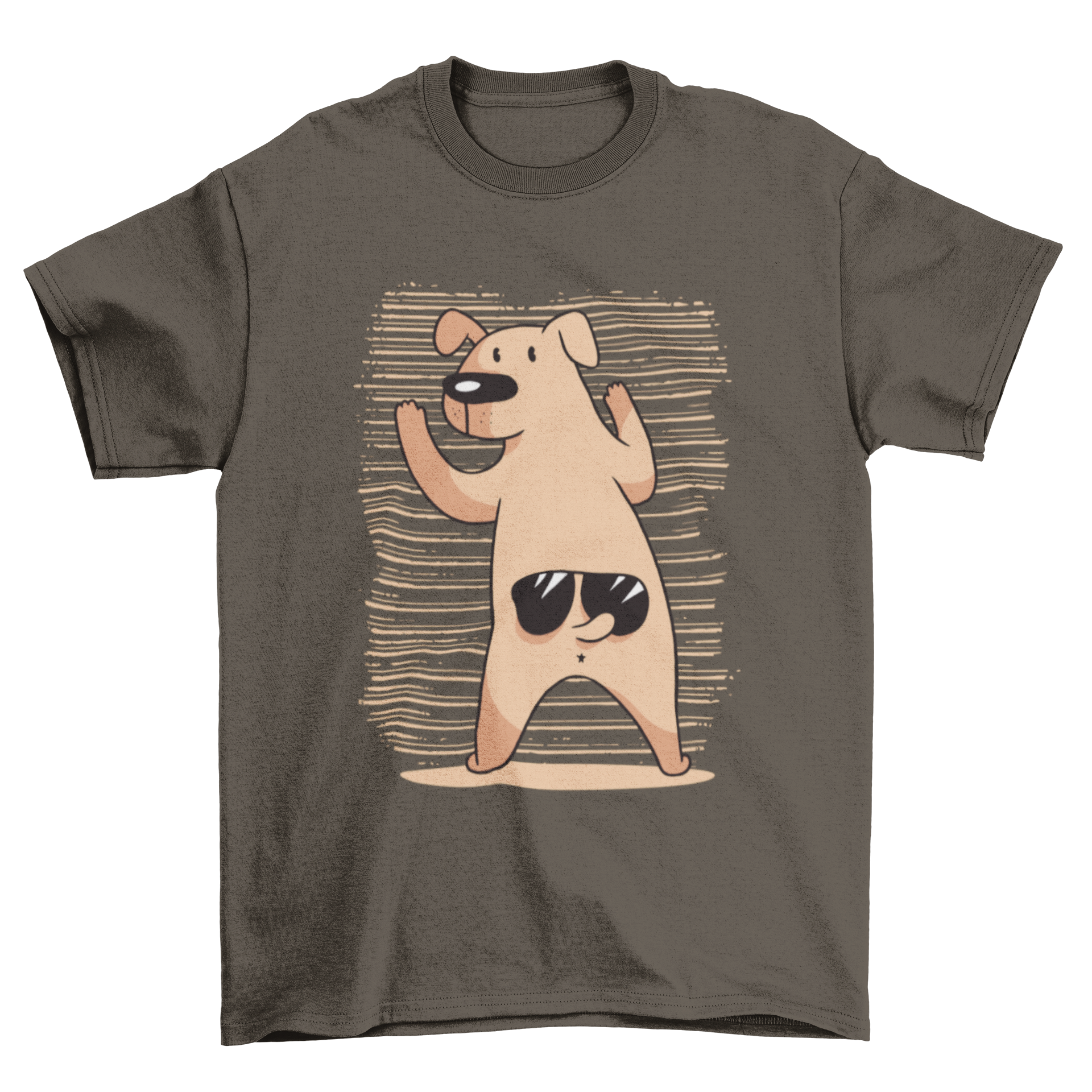 A playful T-shirt featuring a funny dog wearing sunglasses above its tail, perfect for dog lovers.