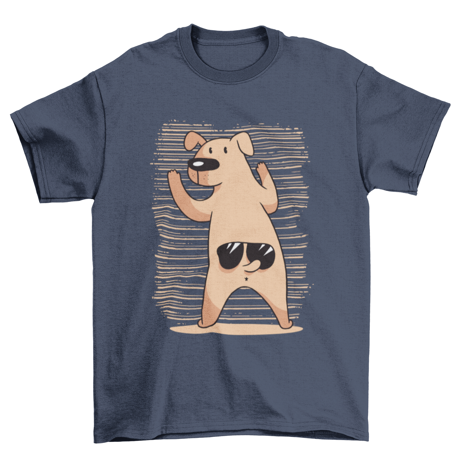 A playful T-shirt featuring a funny dog wearing sunglasses above its tail, perfect for dog lovers.