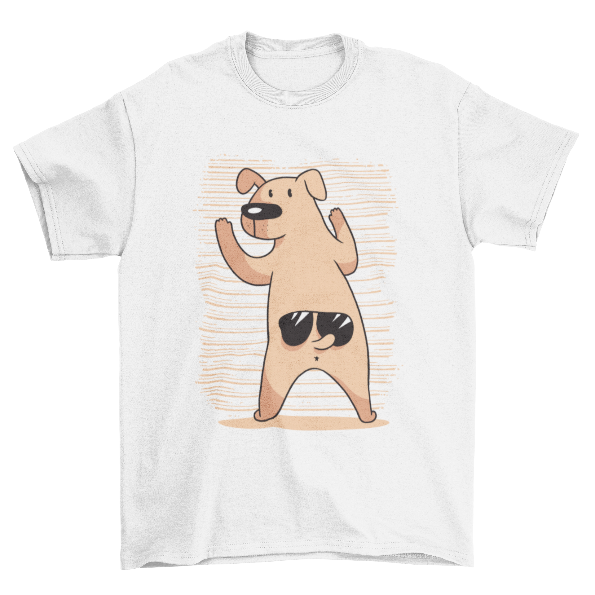 A playful T-shirt featuring a funny dog wearing sunglasses above its tail, perfect for dog lovers.