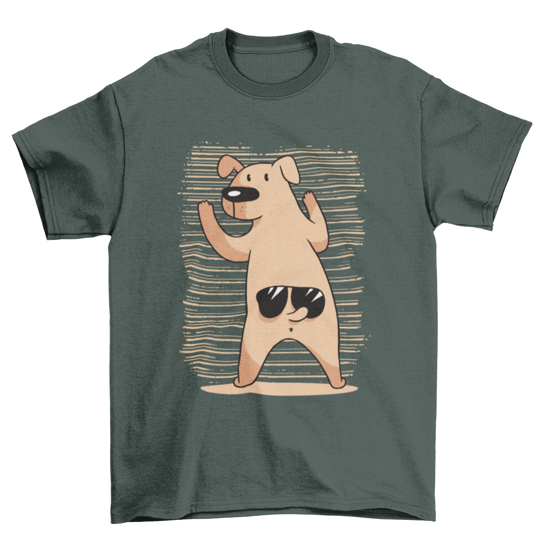 A playful T-shirt featuring a funny dog wearing sunglasses above its tail, perfect for dog lovers.