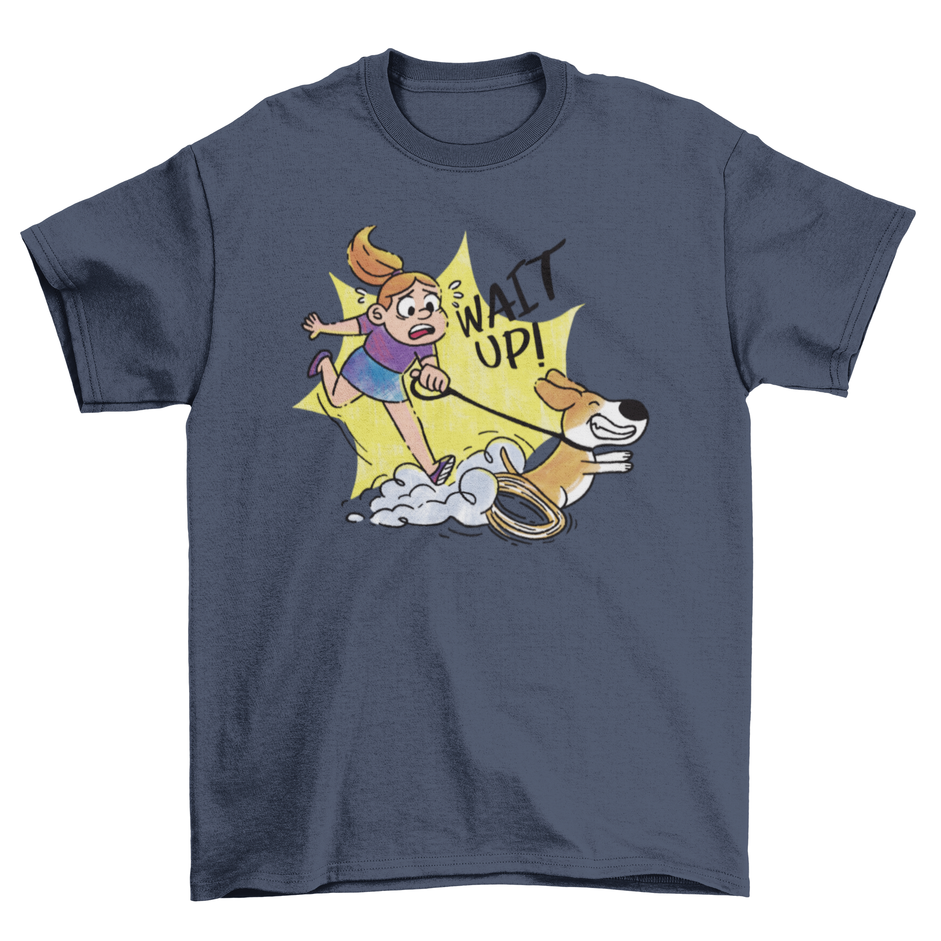 A humorous t-shirt featuring a girl struggling to keep up with her fast dog during a walk, showcasing a playful design for dog lovers.