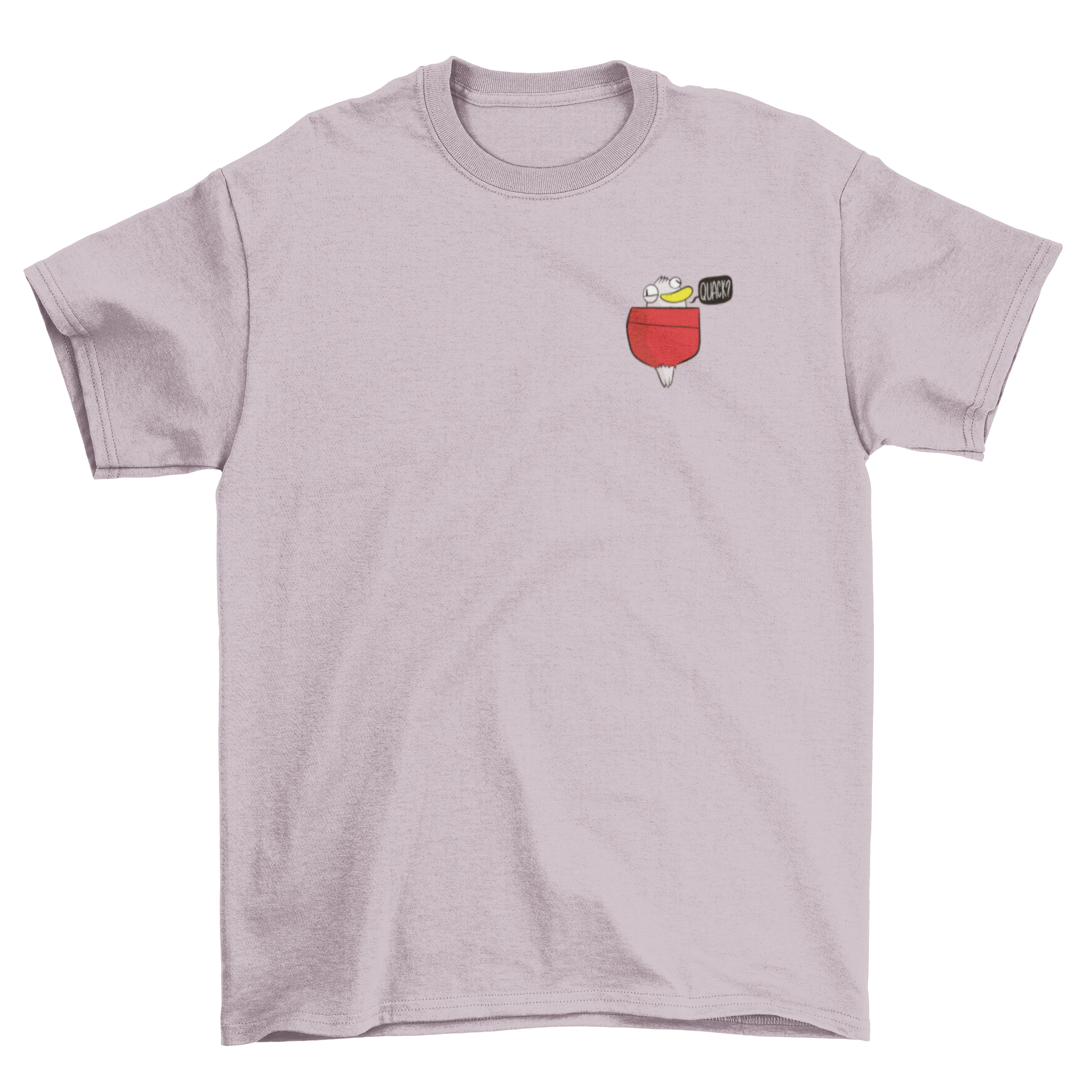 A humorous t-shirt featuring a duck saying 'Quack' inside a pocket, showcasing a fun and playful design.