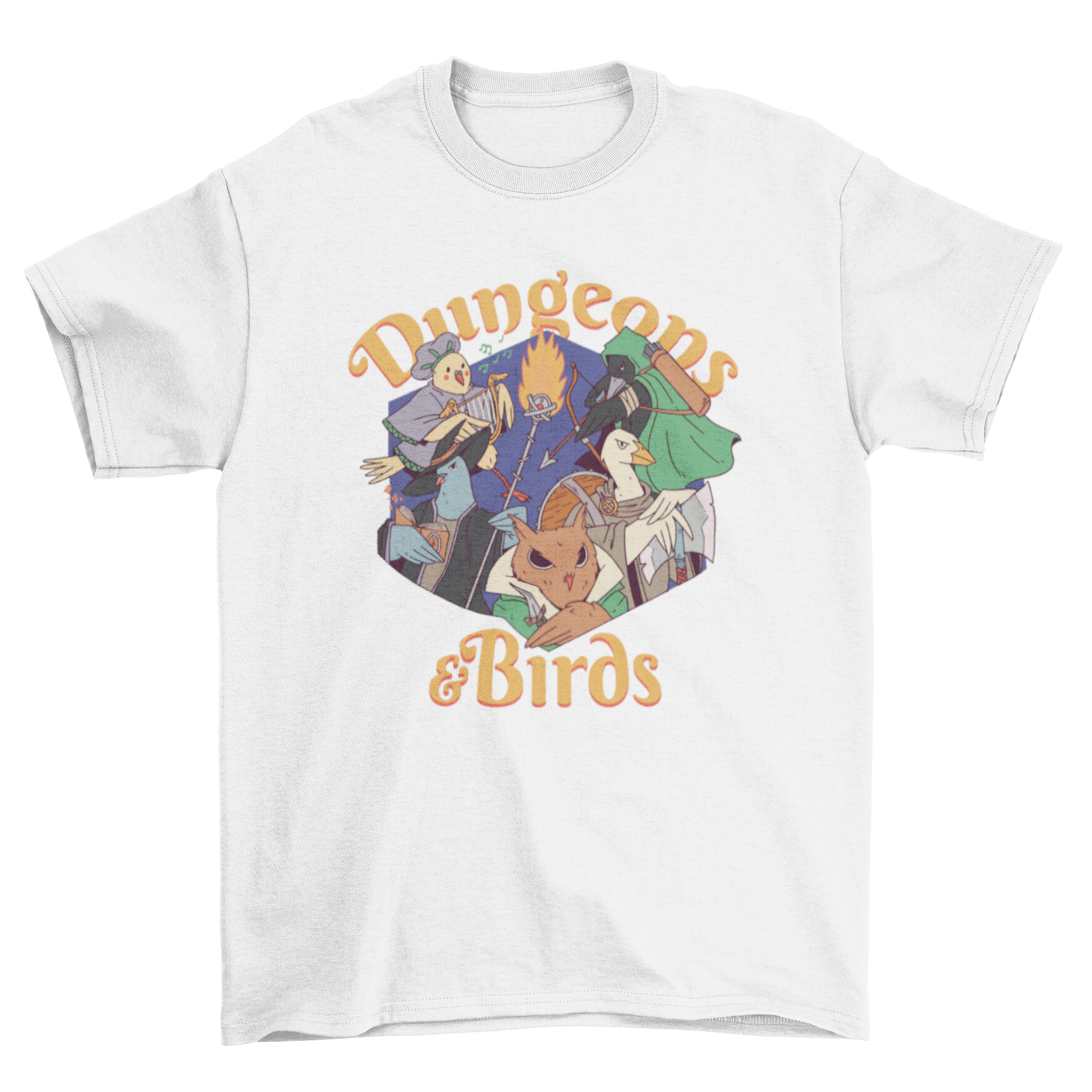 Funny Dungeons & Birds t-shirt featuring colorful birds in costumes with the quote 'Dungeons and Birds'.