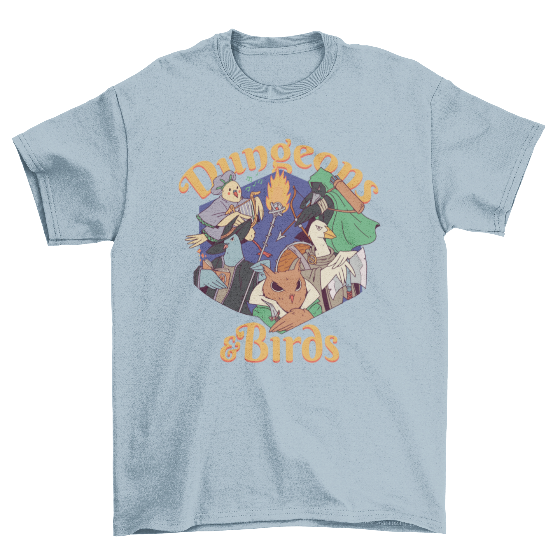 Funny Dungeons & Birds t-shirt featuring colorful birds in costumes with the quote 'Dungeons and Birds'.