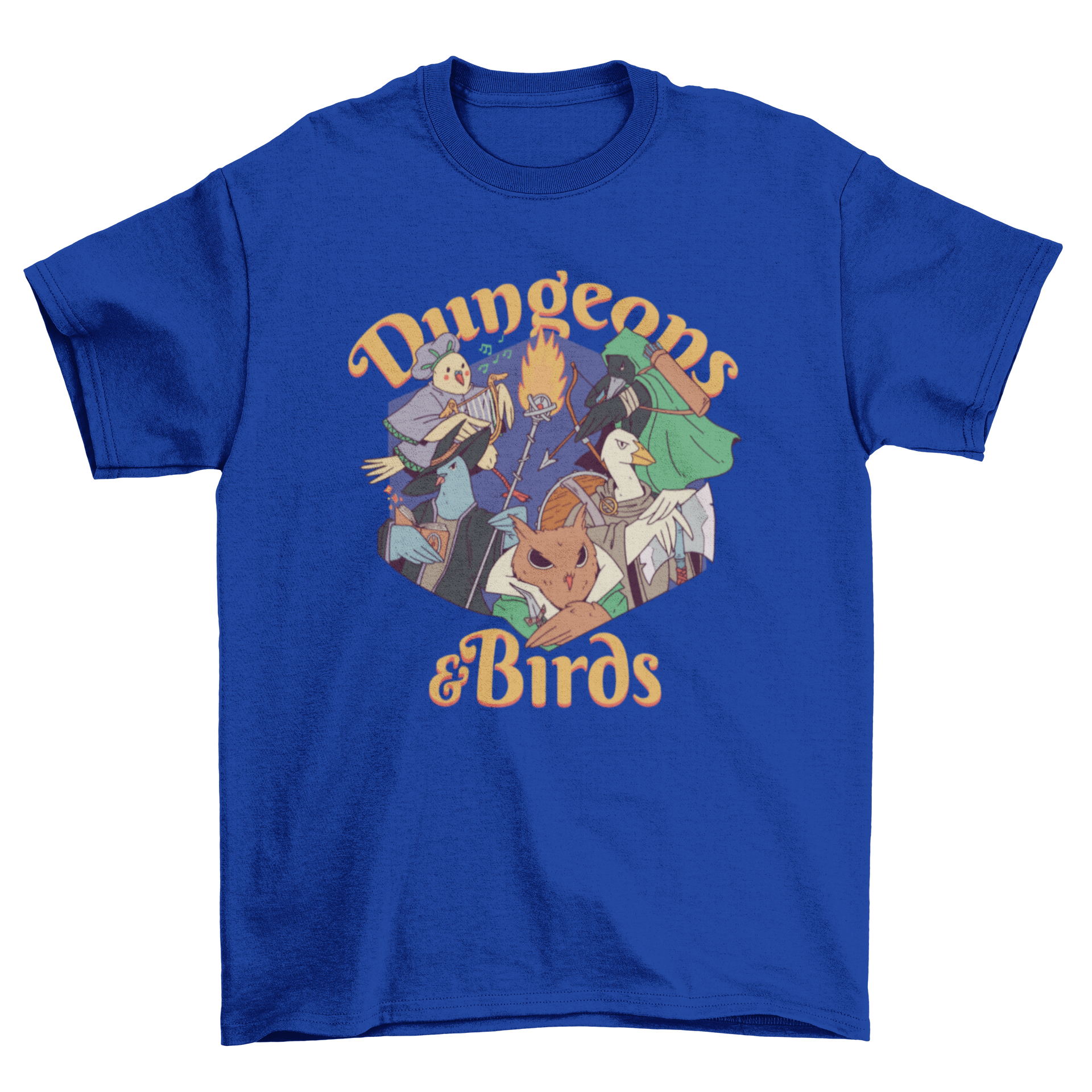 Funny Dungeons & Birds t-shirt featuring colorful birds in costumes with the quote 'Dungeons and Birds'.