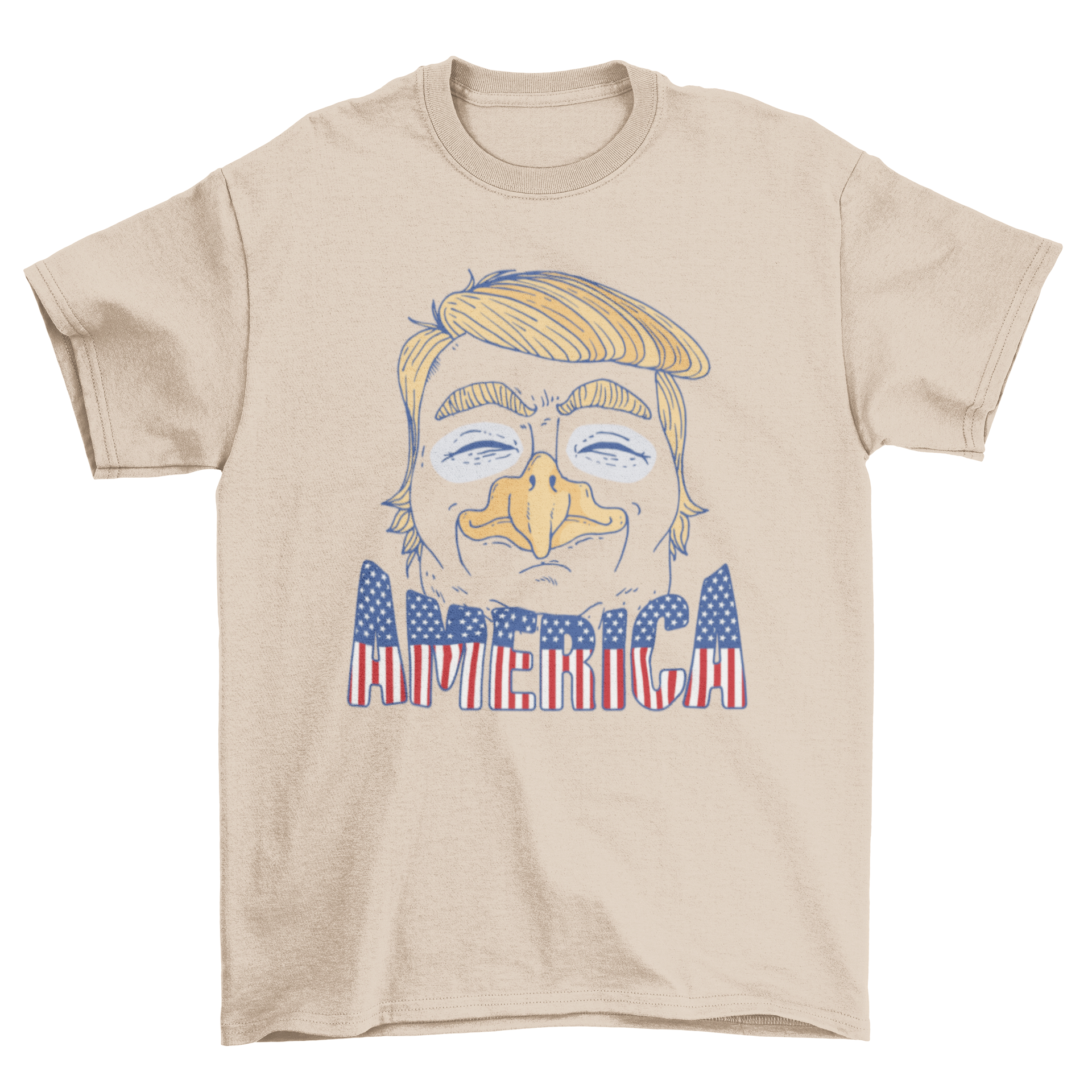 Funny t-shirt featuring a cartoon caricature of Donald Trump as an eagle with the American flag background.