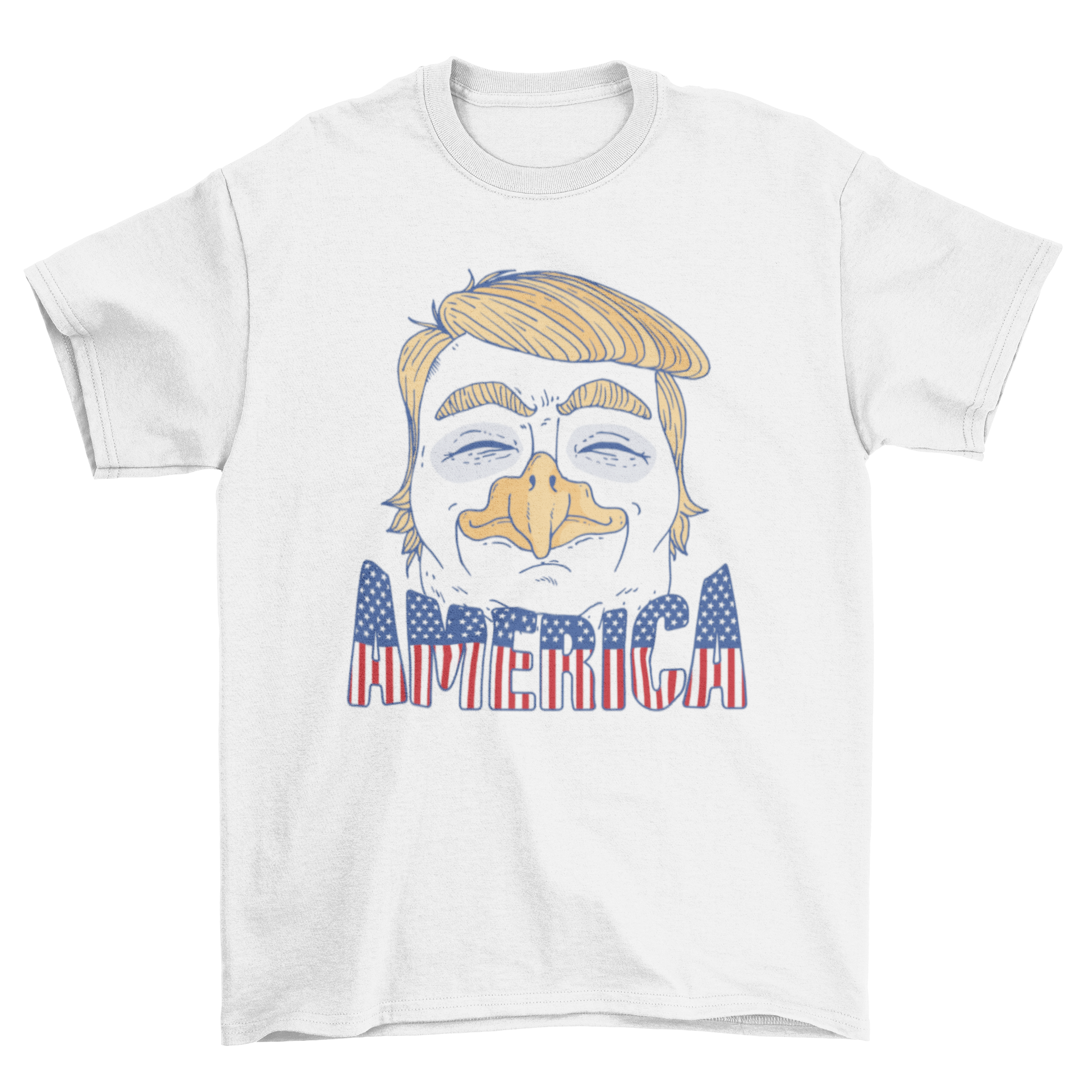 Funny t-shirt featuring a cartoon caricature of Donald Trump as an eagle with the American flag background.