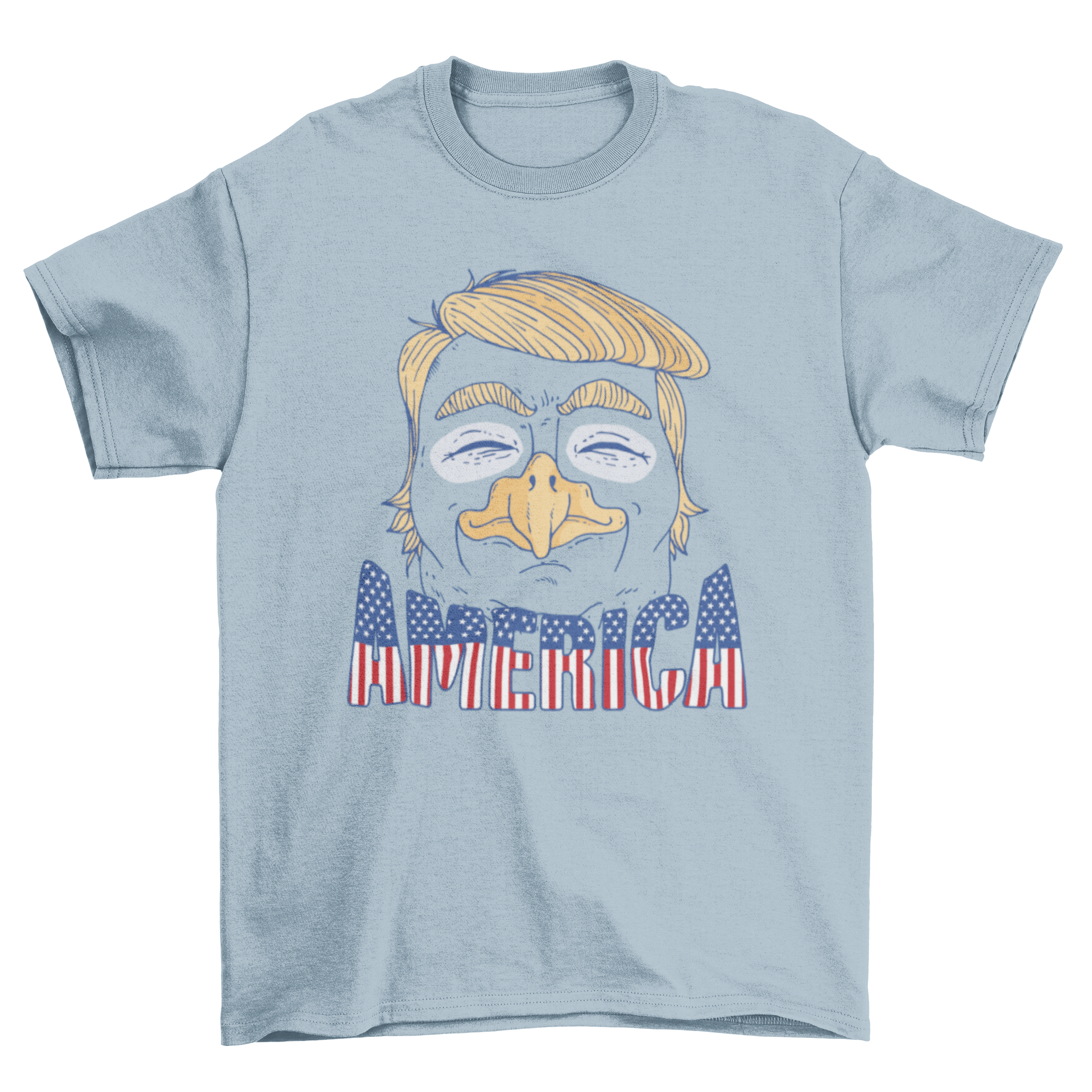 Funny t-shirt featuring a cartoon caricature of Donald Trump as an eagle with the American flag background.