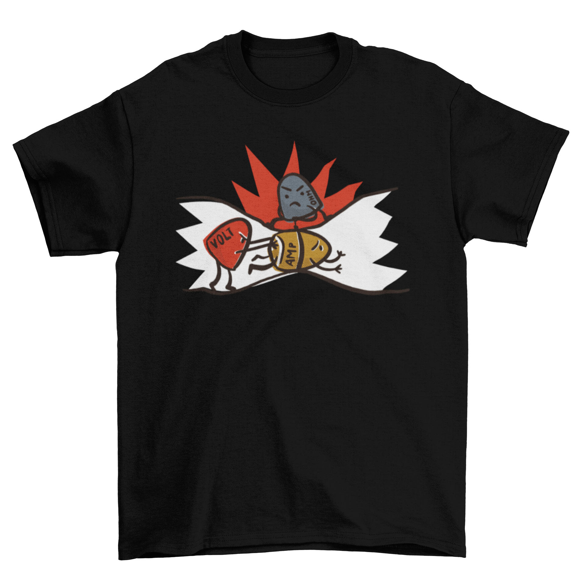 A humorous t-shirt featuring a cartoon illustration explaining how electricity works, perfect for science enthusiasts.