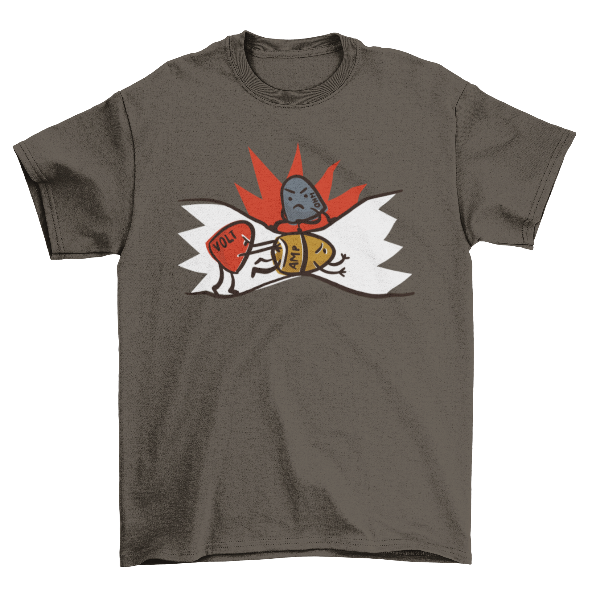 A humorous t-shirt featuring a cartoon illustration explaining how electricity works, perfect for science enthusiasts.