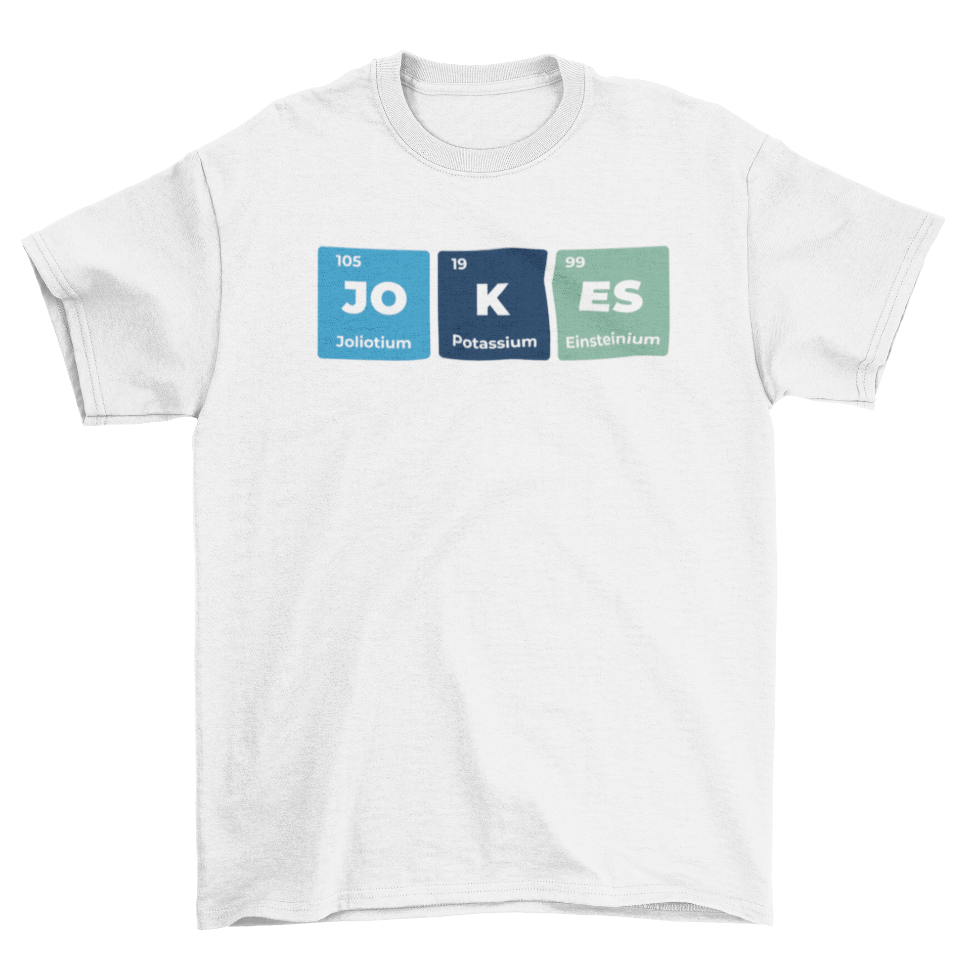 A humorous t-shirt featuring the periodic table creatively arranged to spell the word 'Joke', showcasing a blend of science and fun.