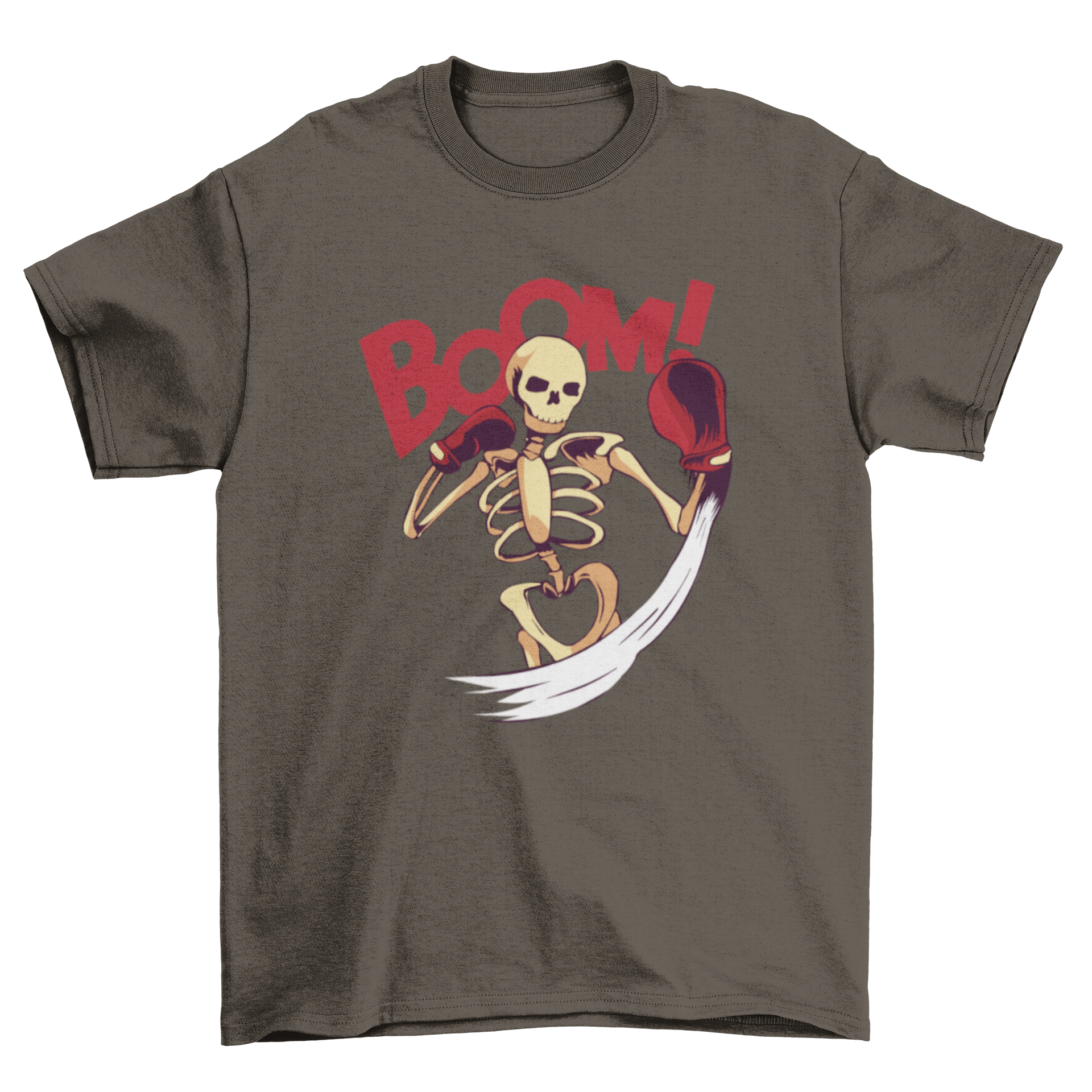 A humorous t-shirt featuring a skeleton punching with boxing gloves and the quote 'Boom', showcasing a playful design.