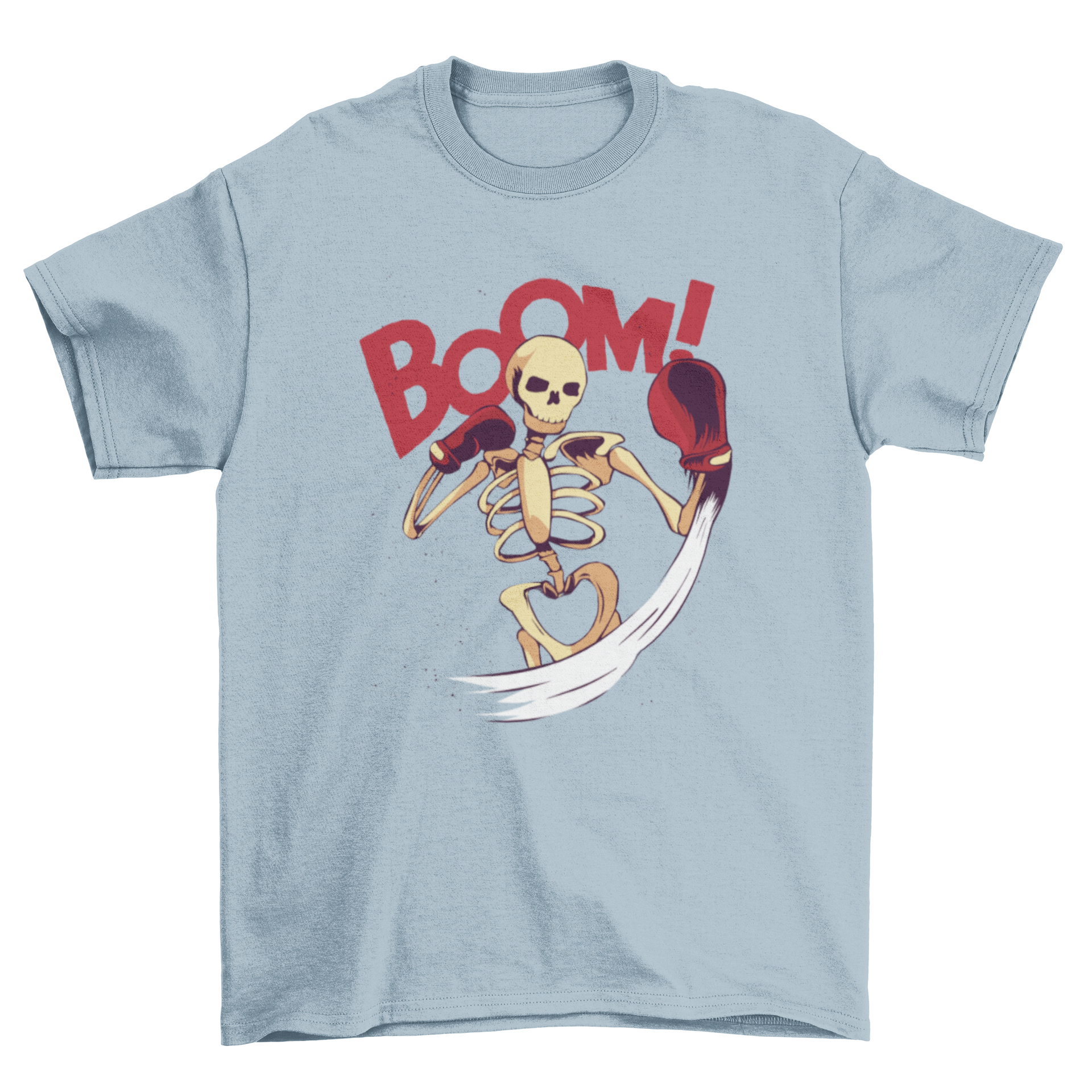 A humorous t-shirt featuring a skeleton punching with boxing gloves and the quote 'Boom', showcasing a playful design.