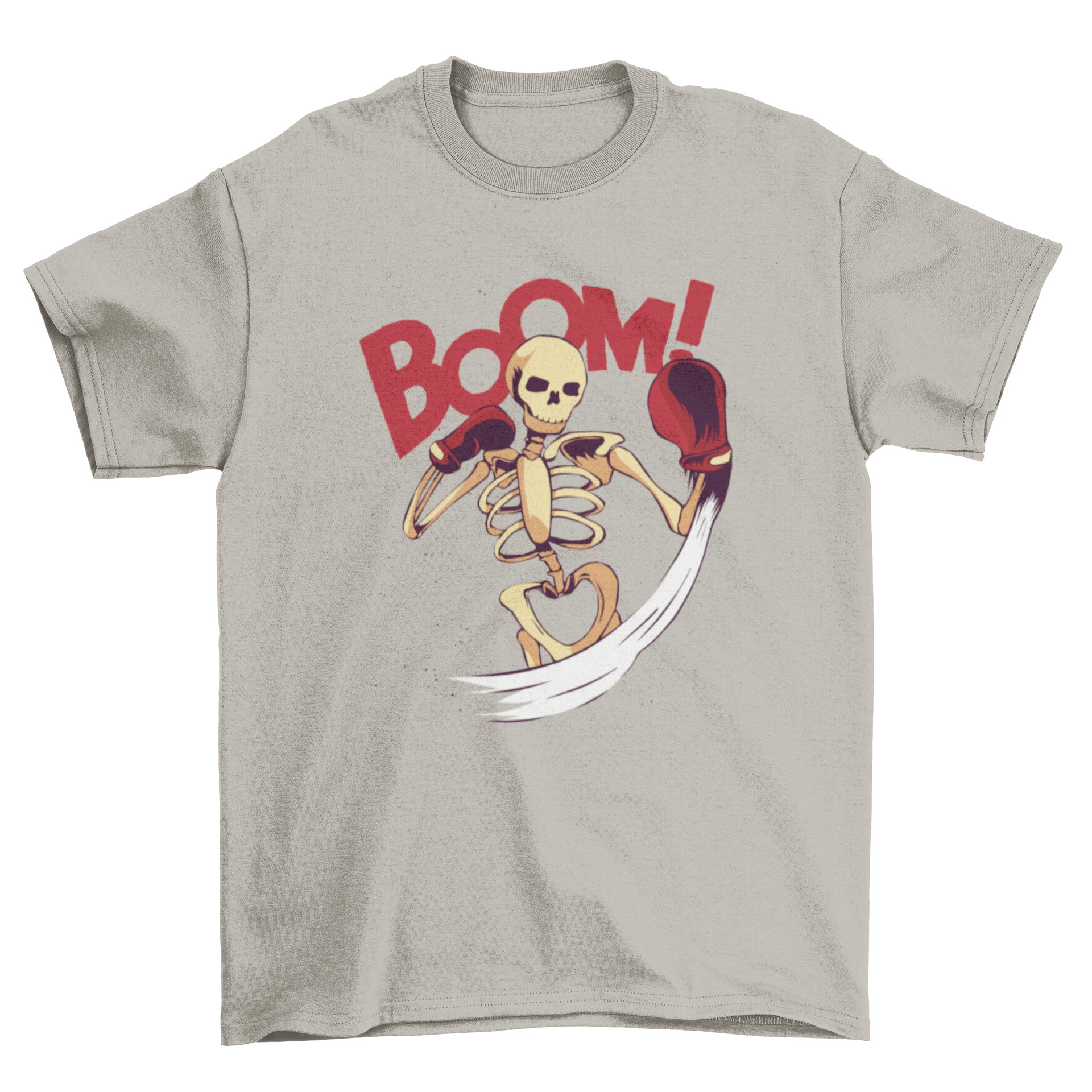 A humorous t-shirt featuring a skeleton punching with boxing gloves and the quote 'Boom', showcasing a playful design.