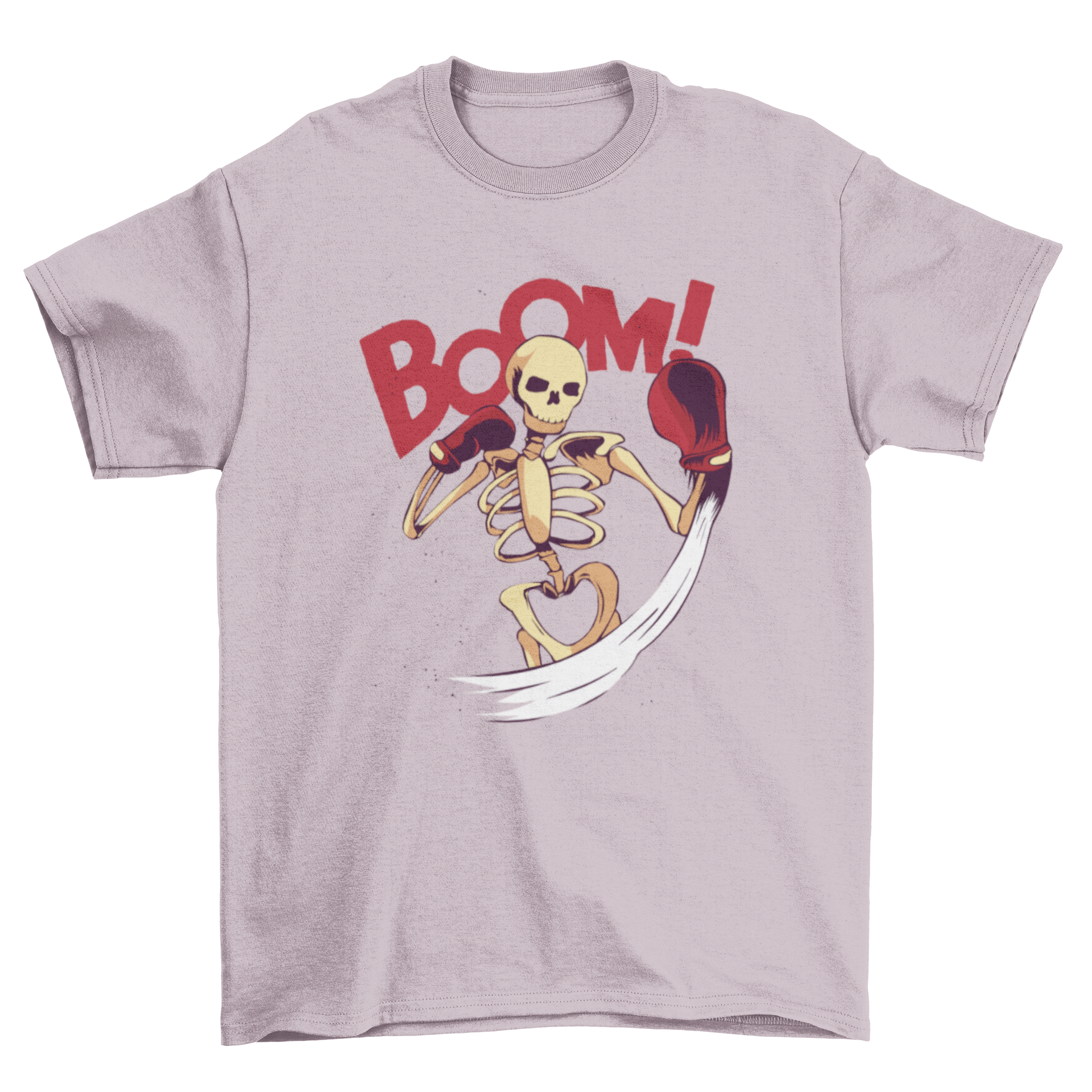 A humorous t-shirt featuring a skeleton punching with boxing gloves and the quote 'Boom', showcasing a playful design.