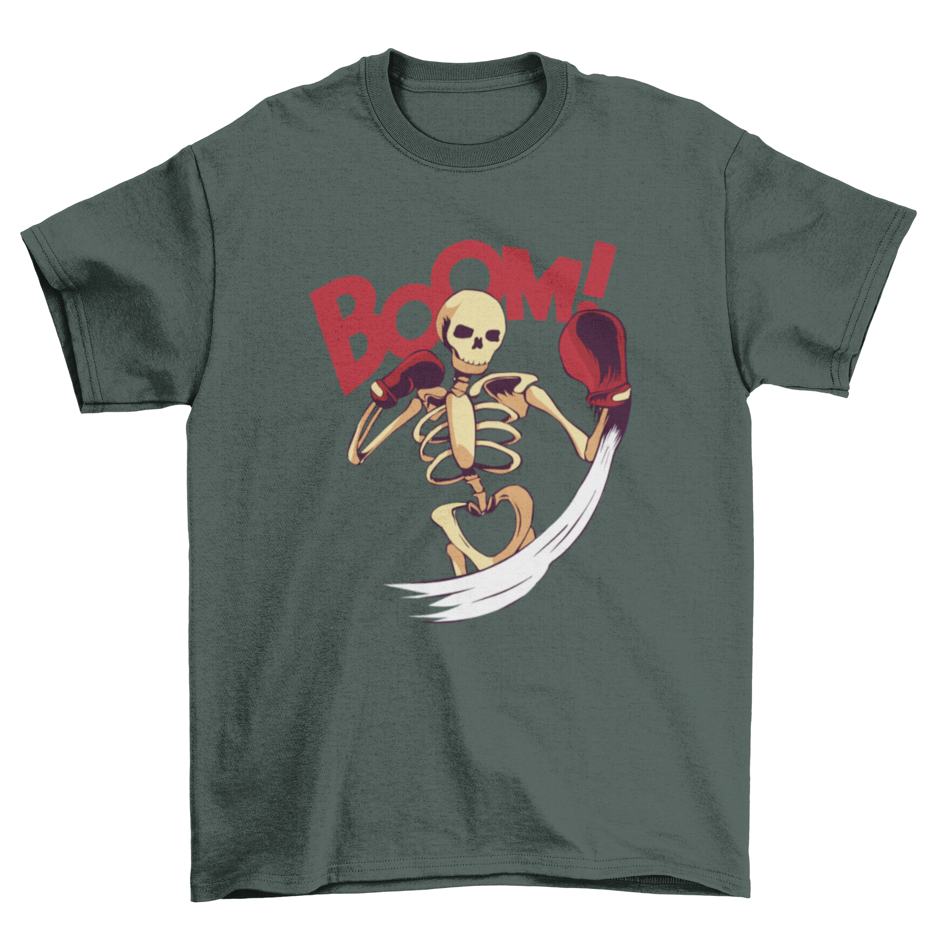 A humorous t-shirt featuring a skeleton punching with boxing gloves and the quote 'Boom', showcasing a playful design.