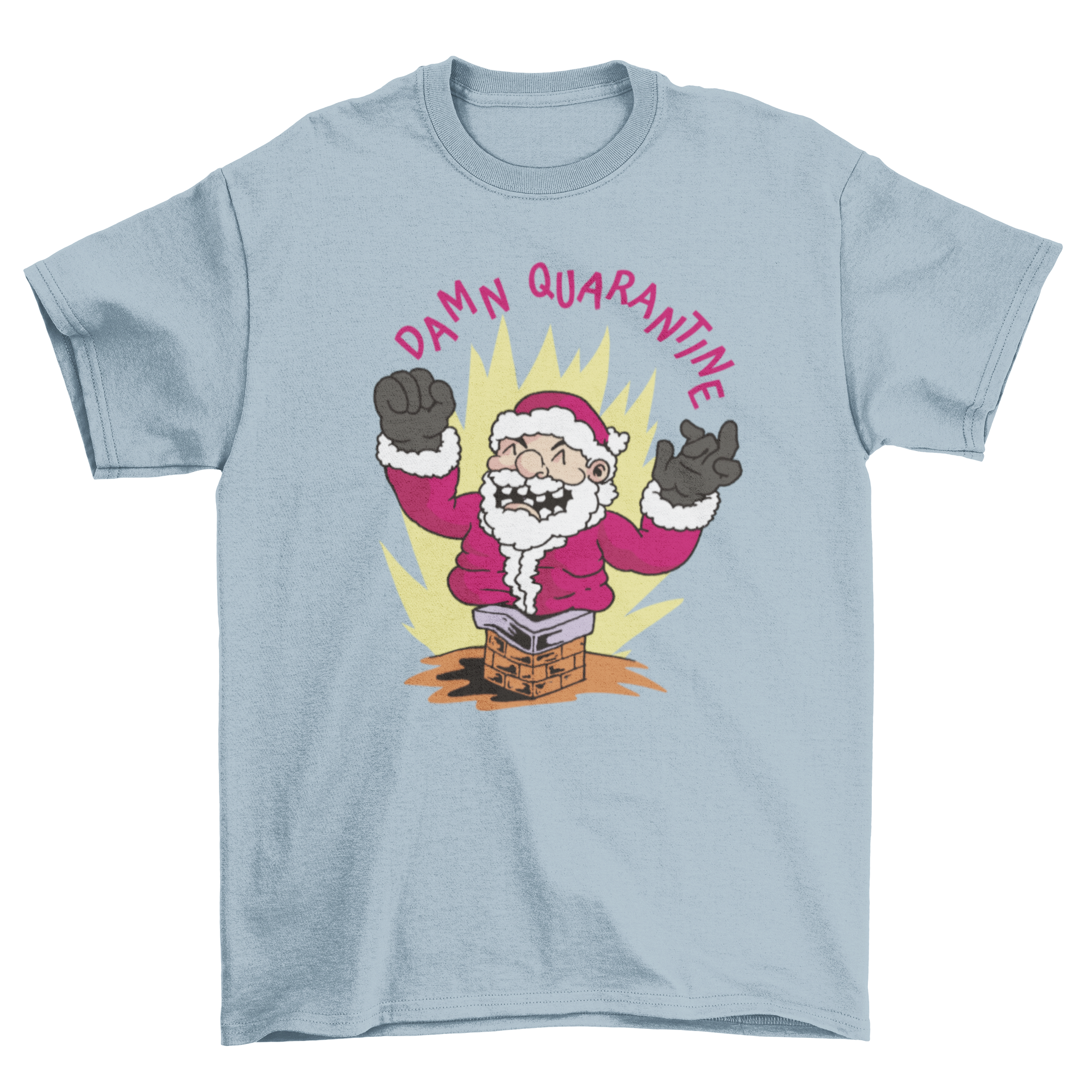Funny t-shirt featuring a fat Santa with the quote 'Damn quarantine', perfect for holiday celebrations.