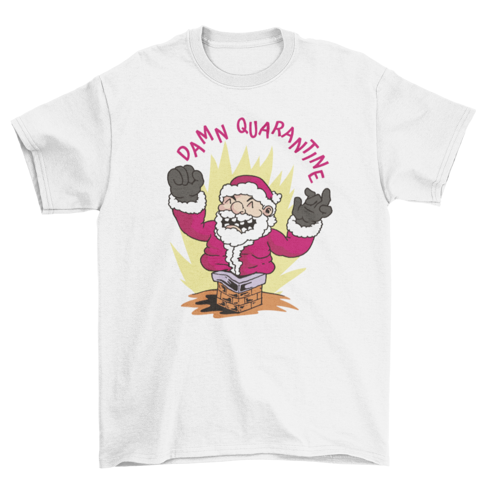 Funny t-shirt featuring a fat Santa with the quote 'Damn quarantine', perfect for holiday celebrations.