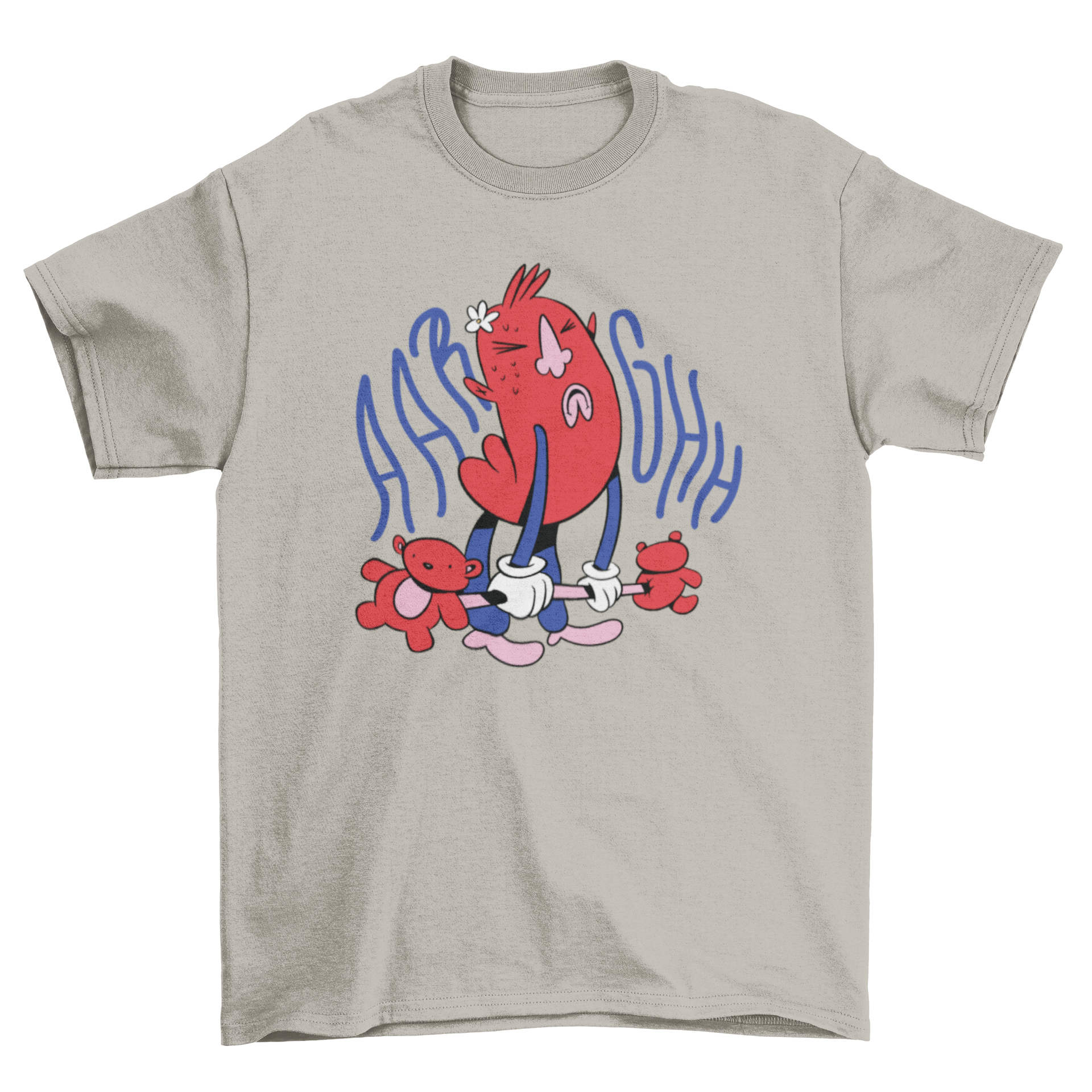 A humorous t-shirt featuring a character lifting teddy bears, perfect for fitness enthusiasts.