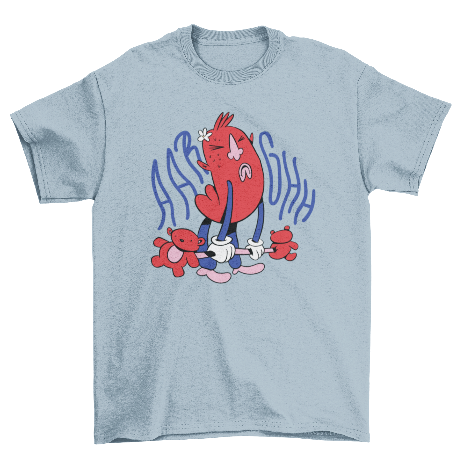 A humorous t-shirt featuring a character lifting teddy bears, perfect for fitness enthusiasts.