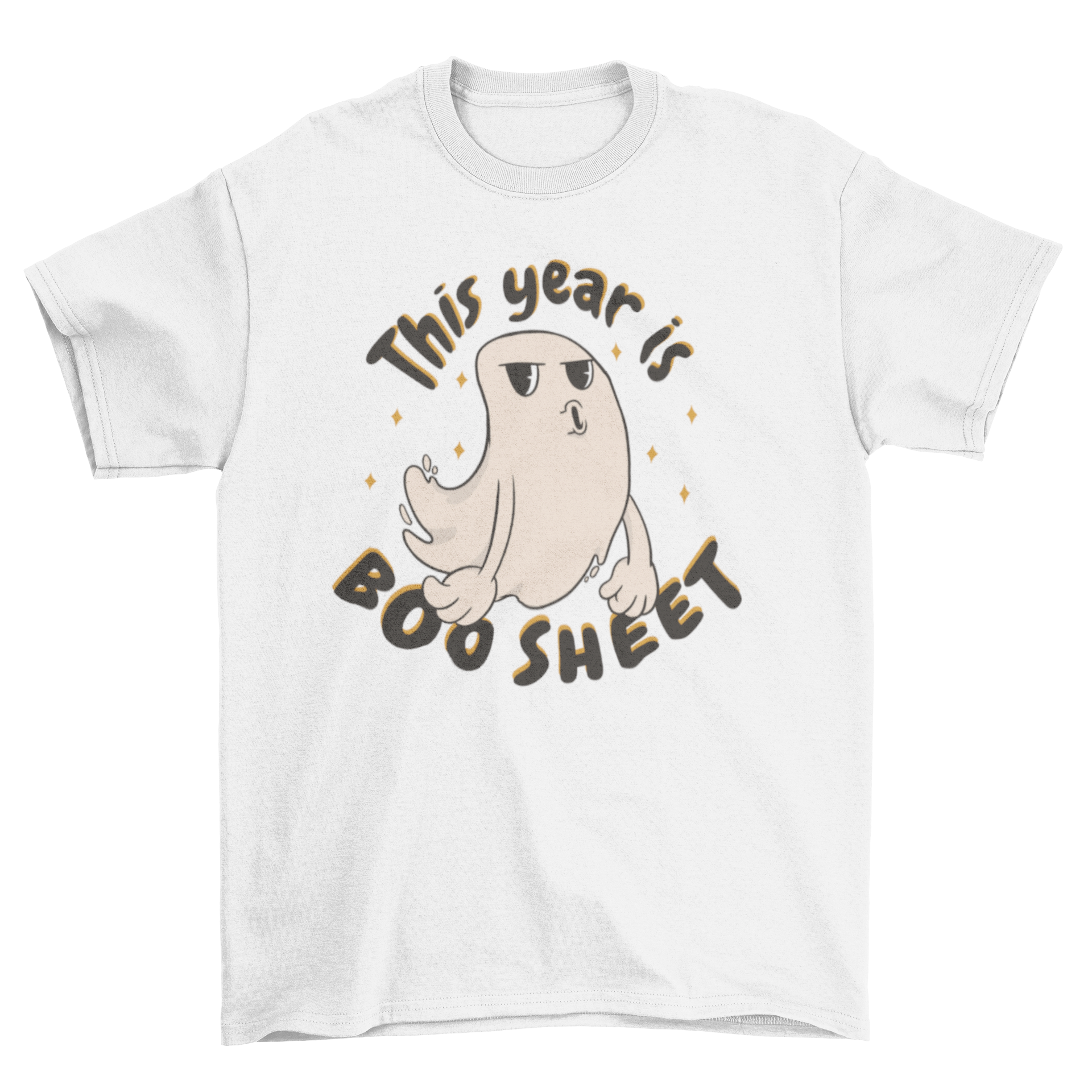Funny ghost cartoon Halloween t-shirt featuring a bored ghost and the quote 'This year is boo sheet'.