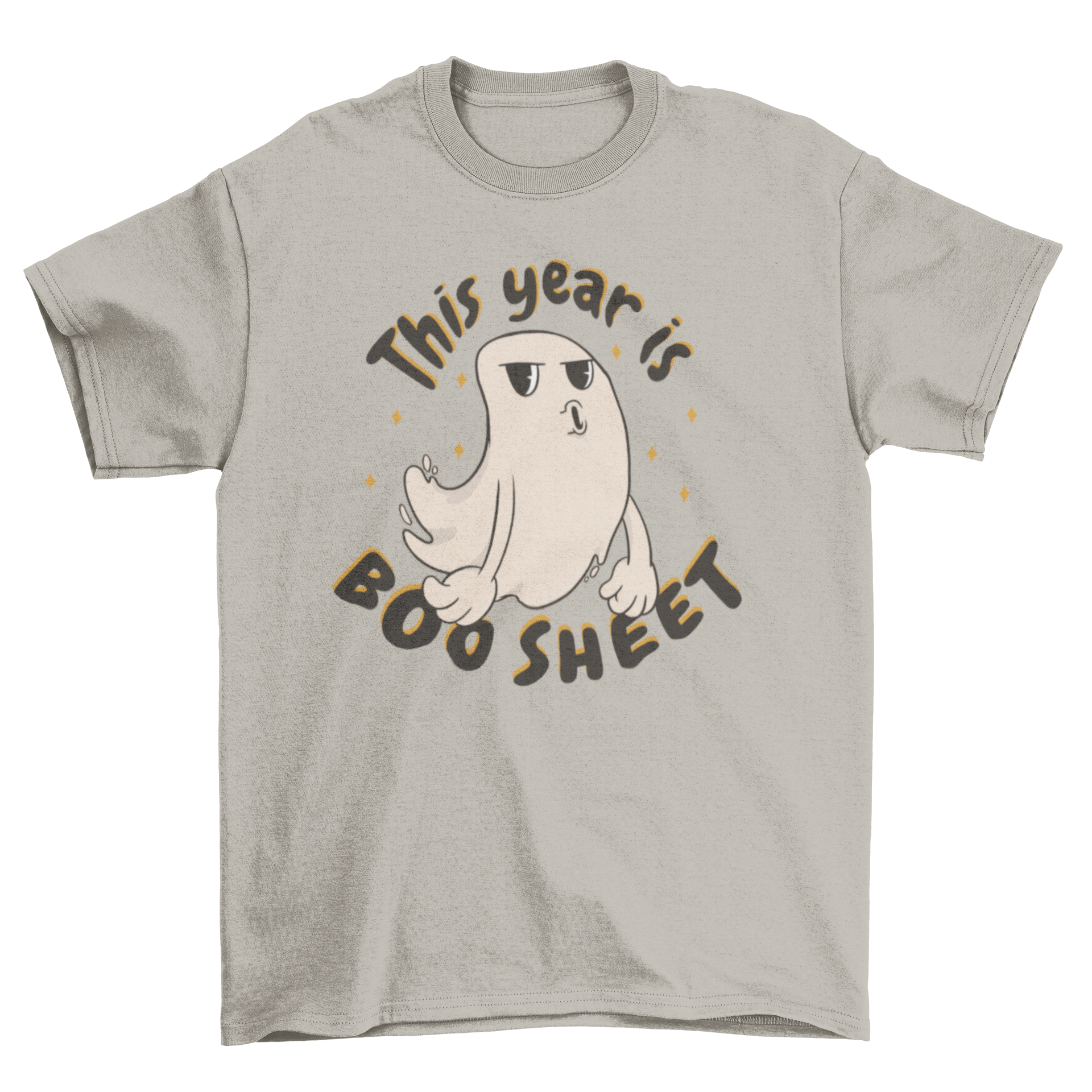 Funny ghost cartoon Halloween t-shirt featuring a bored ghost and the quote 'This year is boo sheet'.