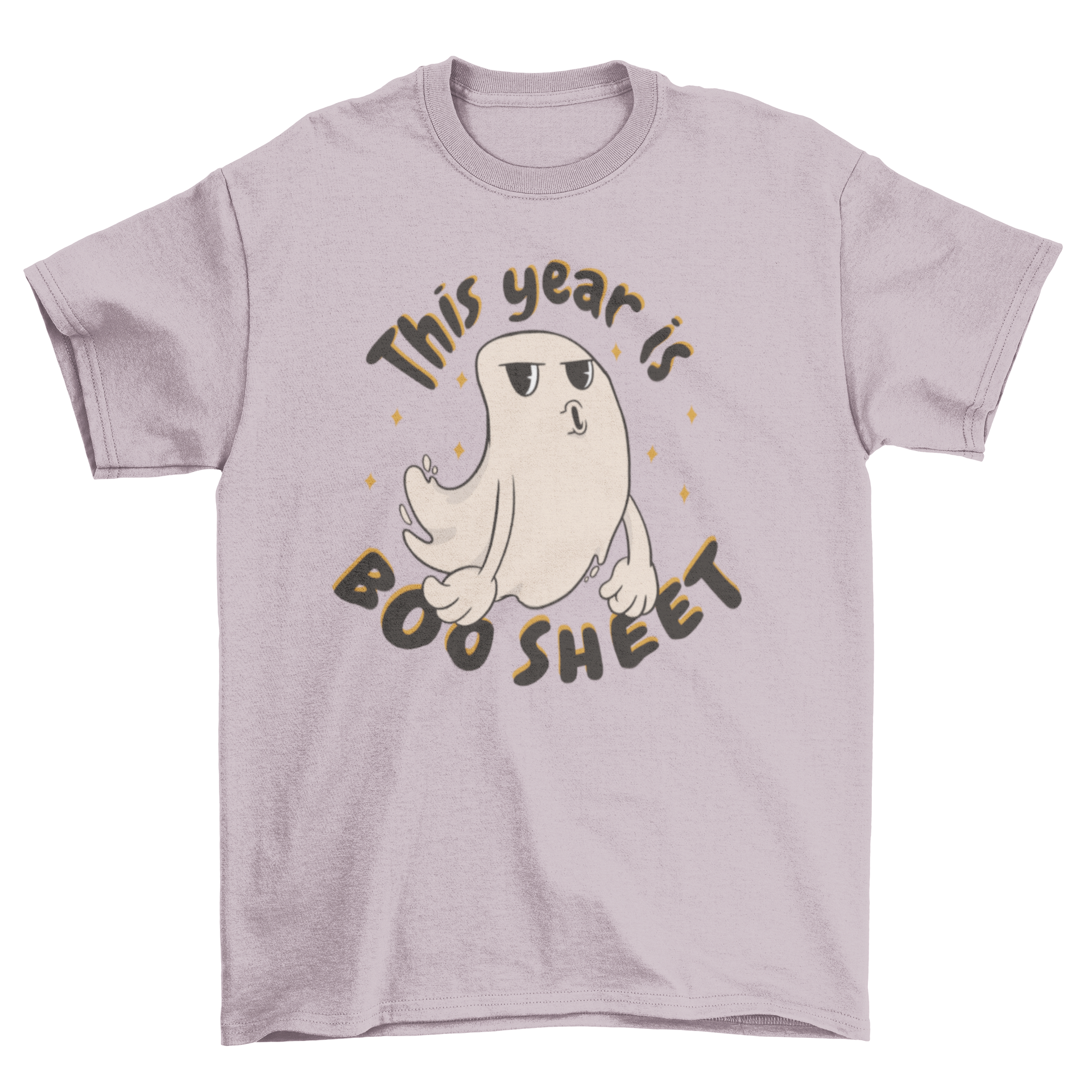 Funny ghost cartoon Halloween t-shirt featuring a bored ghost and the quote 'This year is boo sheet'.