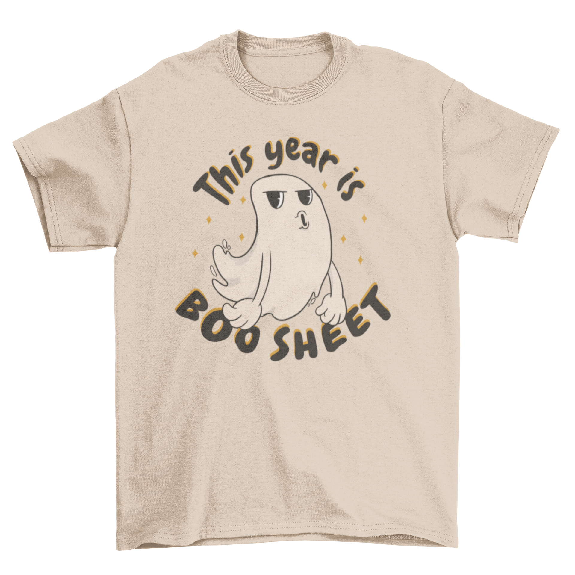 Funny ghost cartoon Halloween t-shirt featuring a bored ghost and the quote 'This year is boo sheet'.