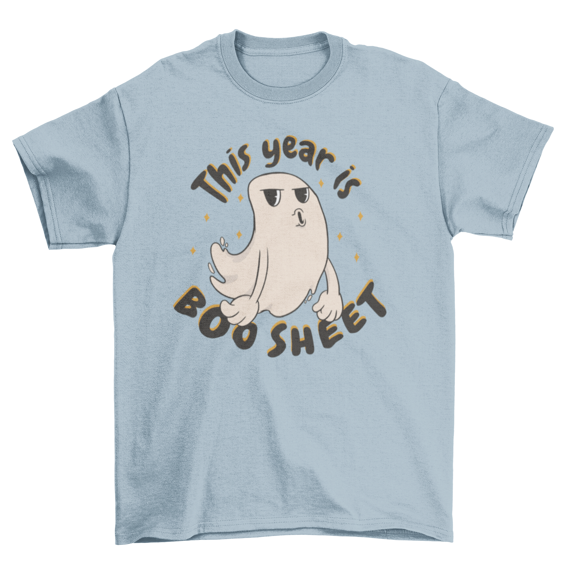 Funny ghost cartoon Halloween t-shirt featuring a bored ghost and the quote 'This year is boo sheet'.