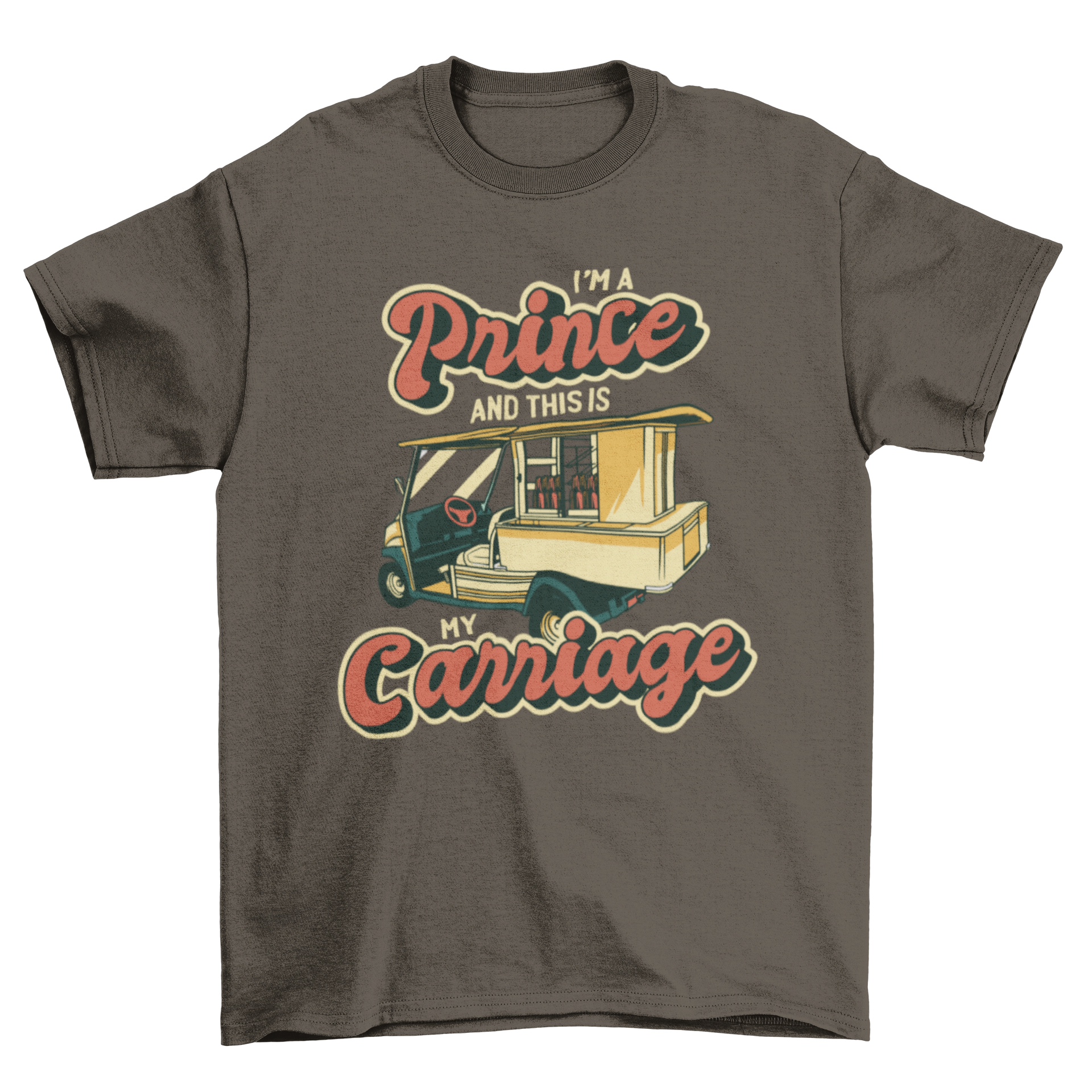 Funny golfing prince t-shirt featuring a golf cart design and humorous quote.