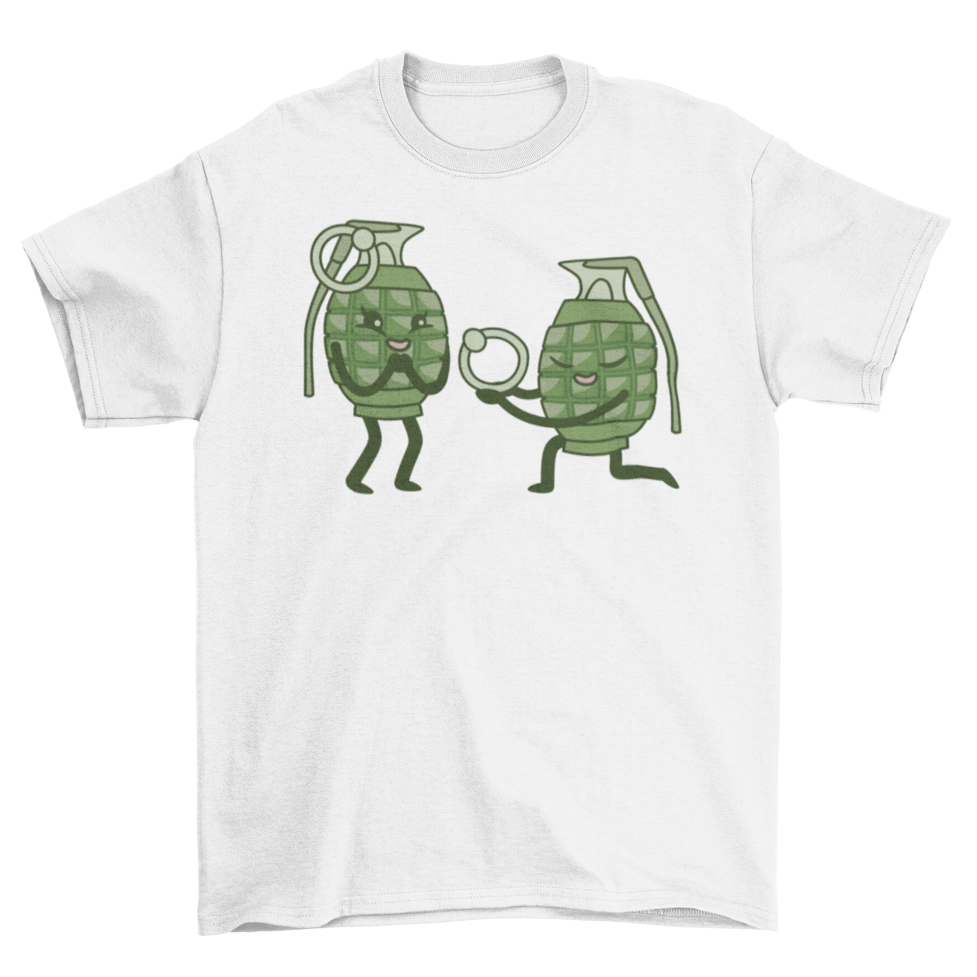 Funny Grenade Couple T-shirt featuring a grenade proposing to another grenade with a pin ring.
