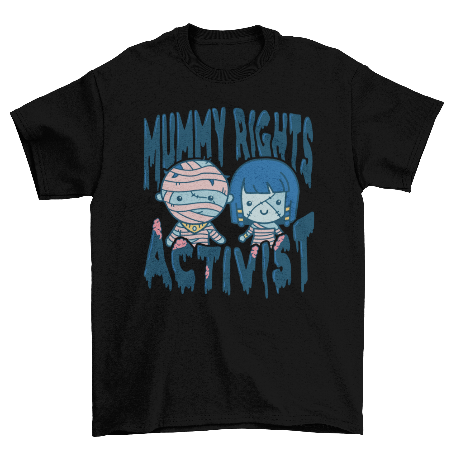 Funny Halloween t-shirt featuring two mummies and the quote 'Mummy Rights Activist'.