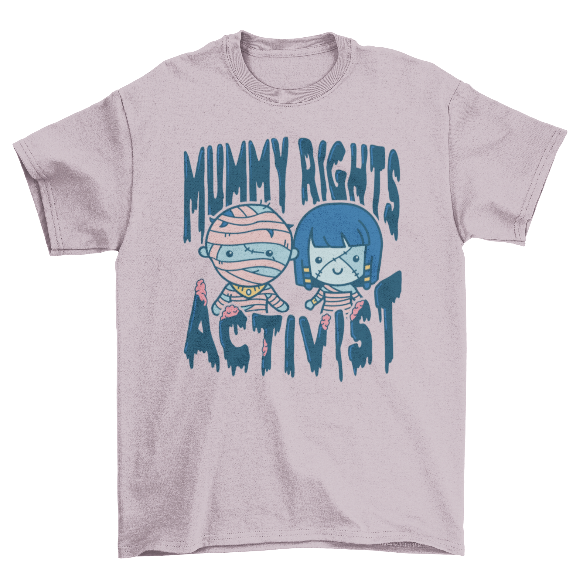 Funny Halloween t-shirt featuring two mummies and the quote 'Mummy Rights Activist'.