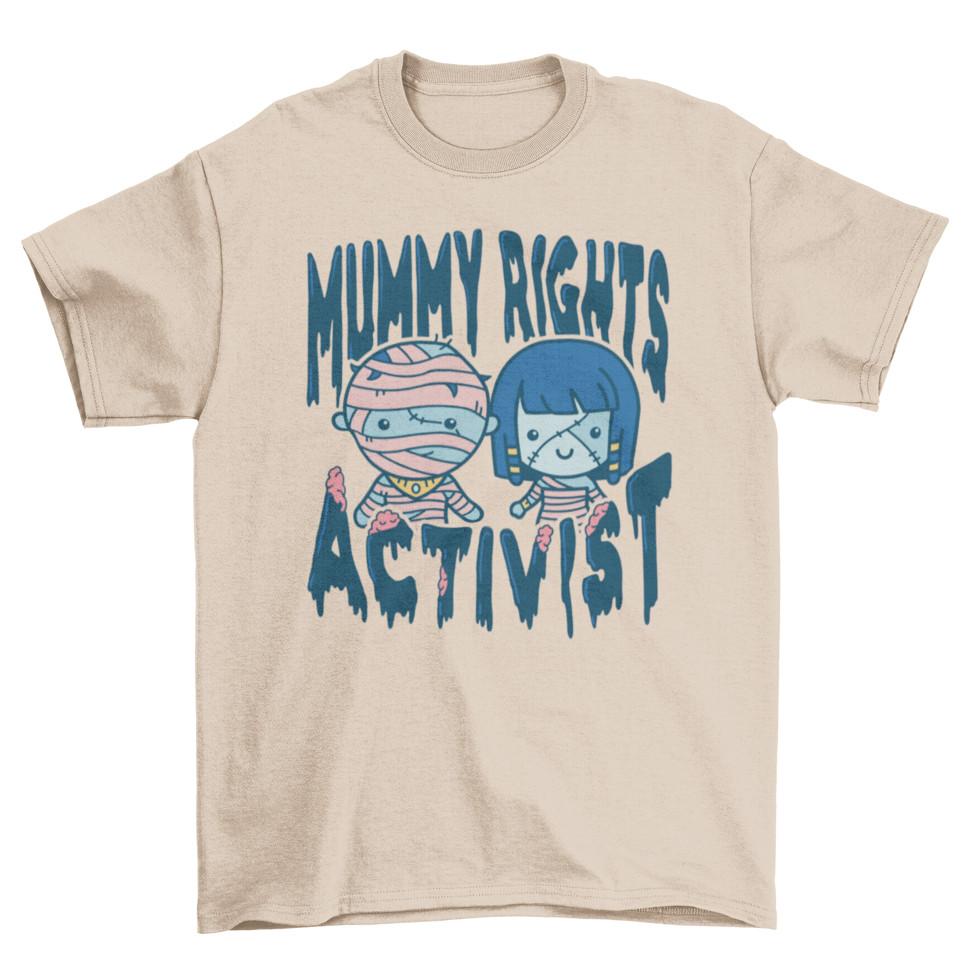 Funny Halloween t-shirt featuring two mummies and the quote 'Mummy Rights Activist'.