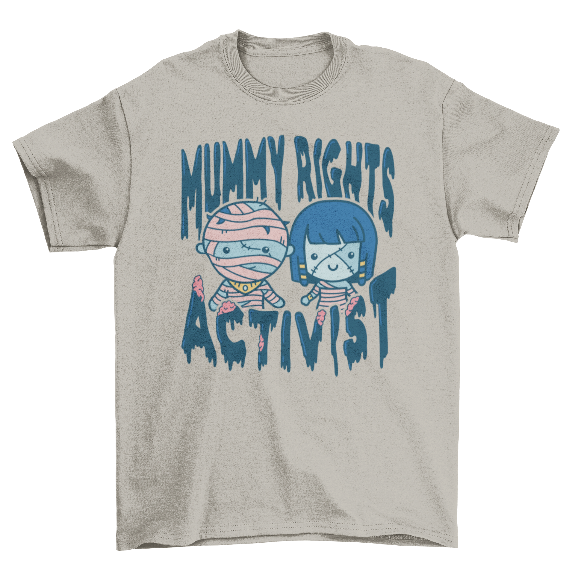 Funny Halloween t-shirt featuring two mummies and the quote 'Mummy Rights Activist'.