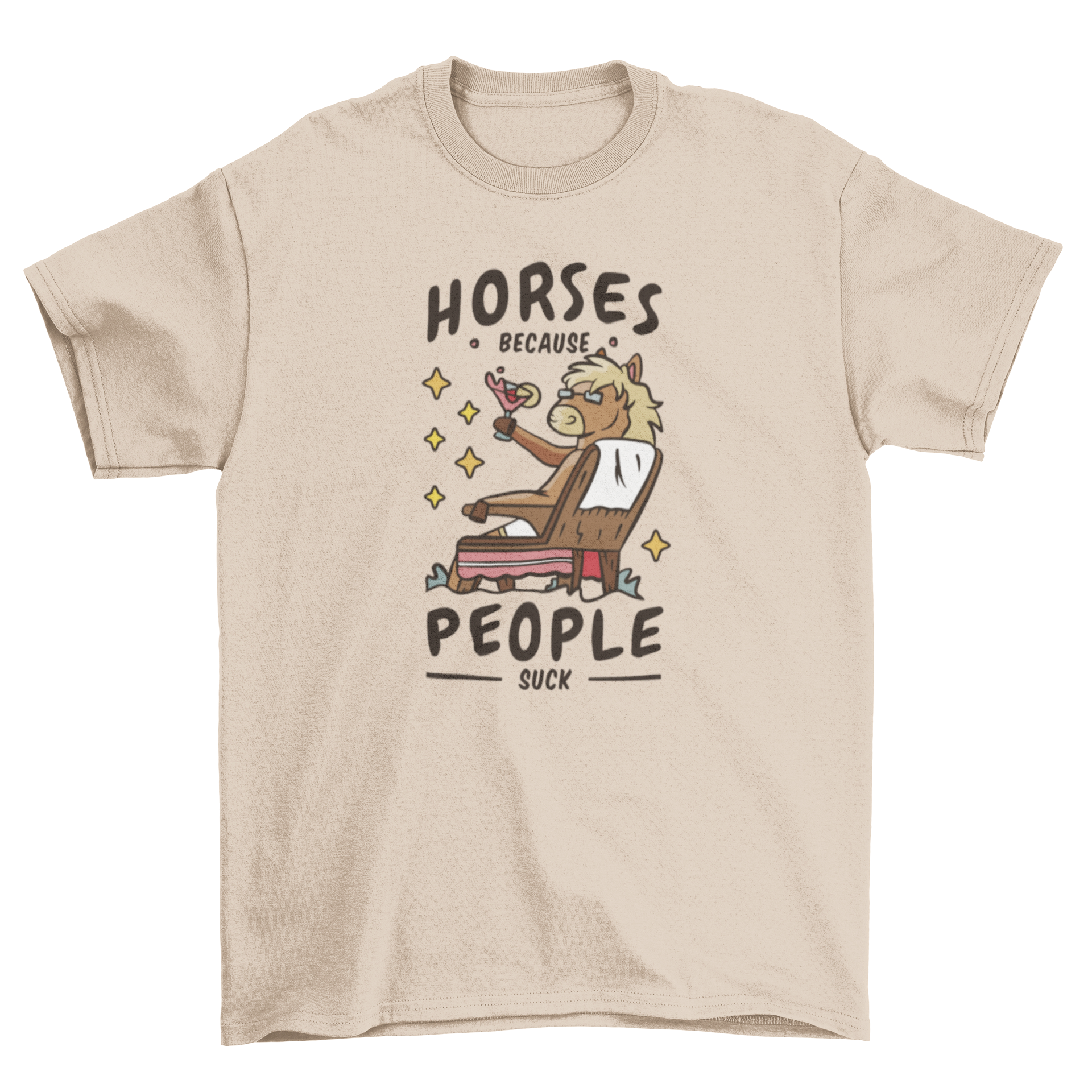 Funny horses quote t-shirt featuring a horse drinking a margarita with the quote 'Horses because people suck'.
