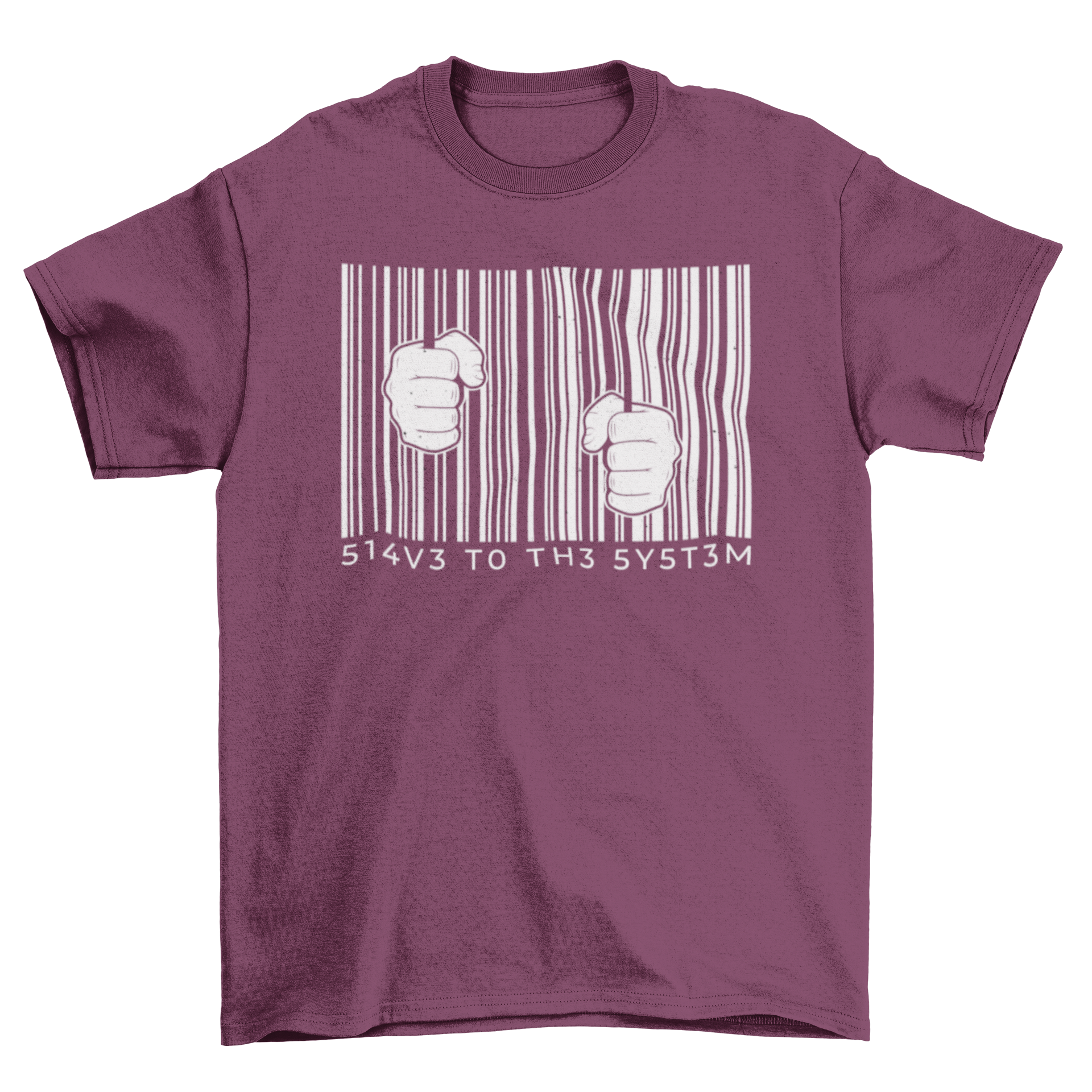 Funny t-shirt featuring a barcode design with the quote 'Slave to the system', showcasing a unique and humorous style.