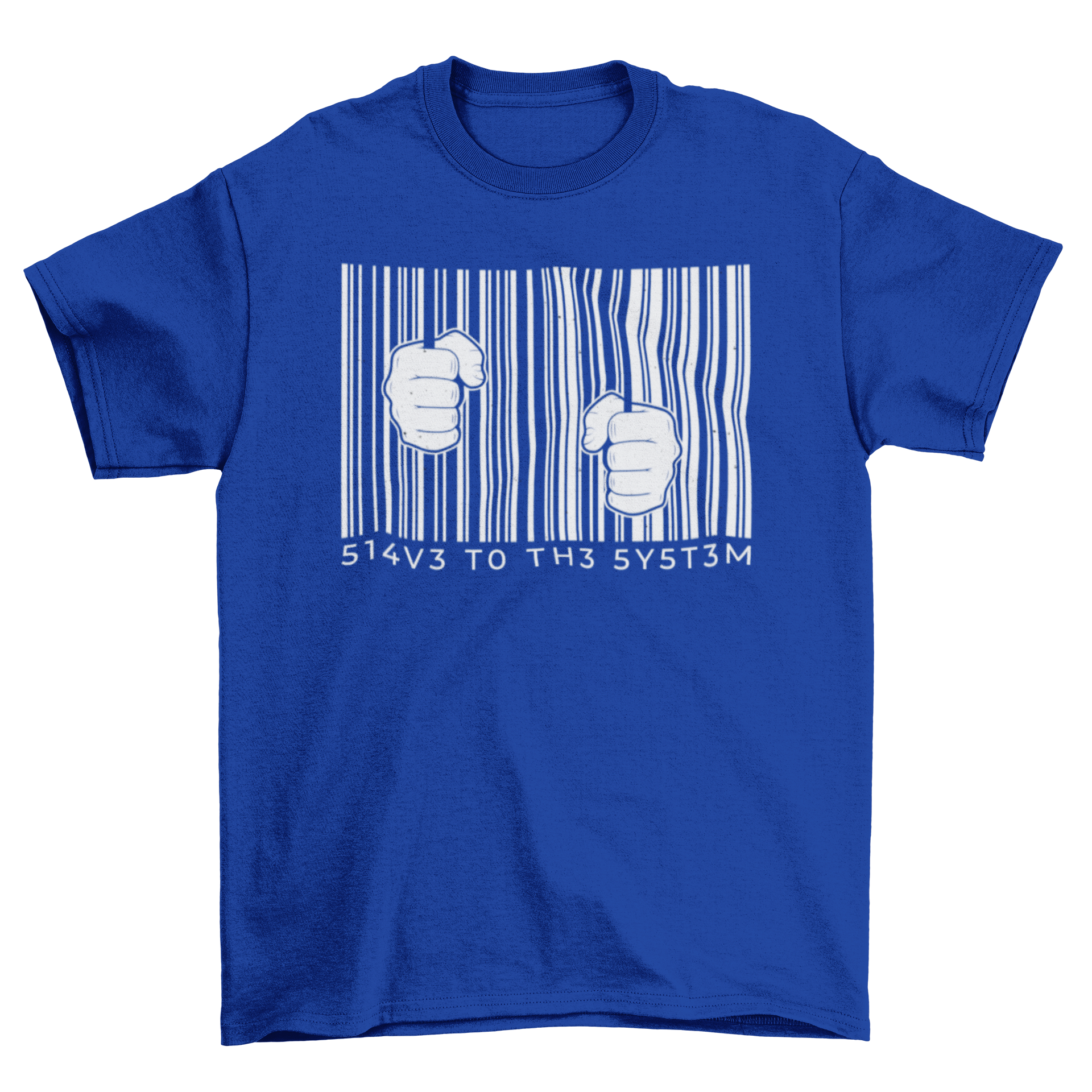 Funny t-shirt featuring a barcode design with the quote 'Slave to the system', showcasing a unique and humorous style.