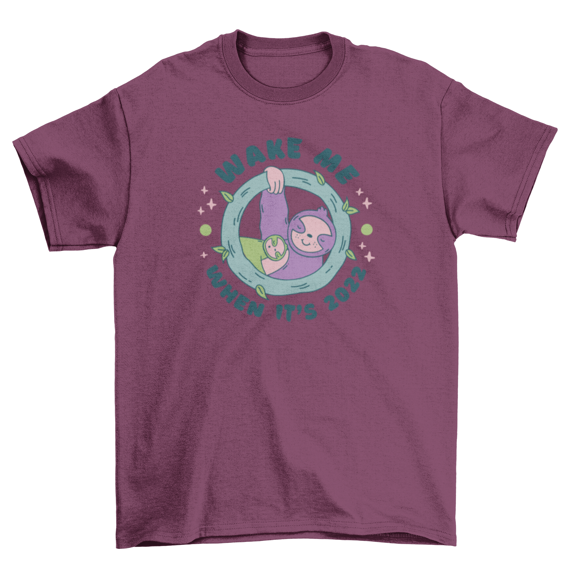 Funny Lazy Sloths t-shirt featuring two sloths sleeping with the quote 'Wake me when it's 2022'.
