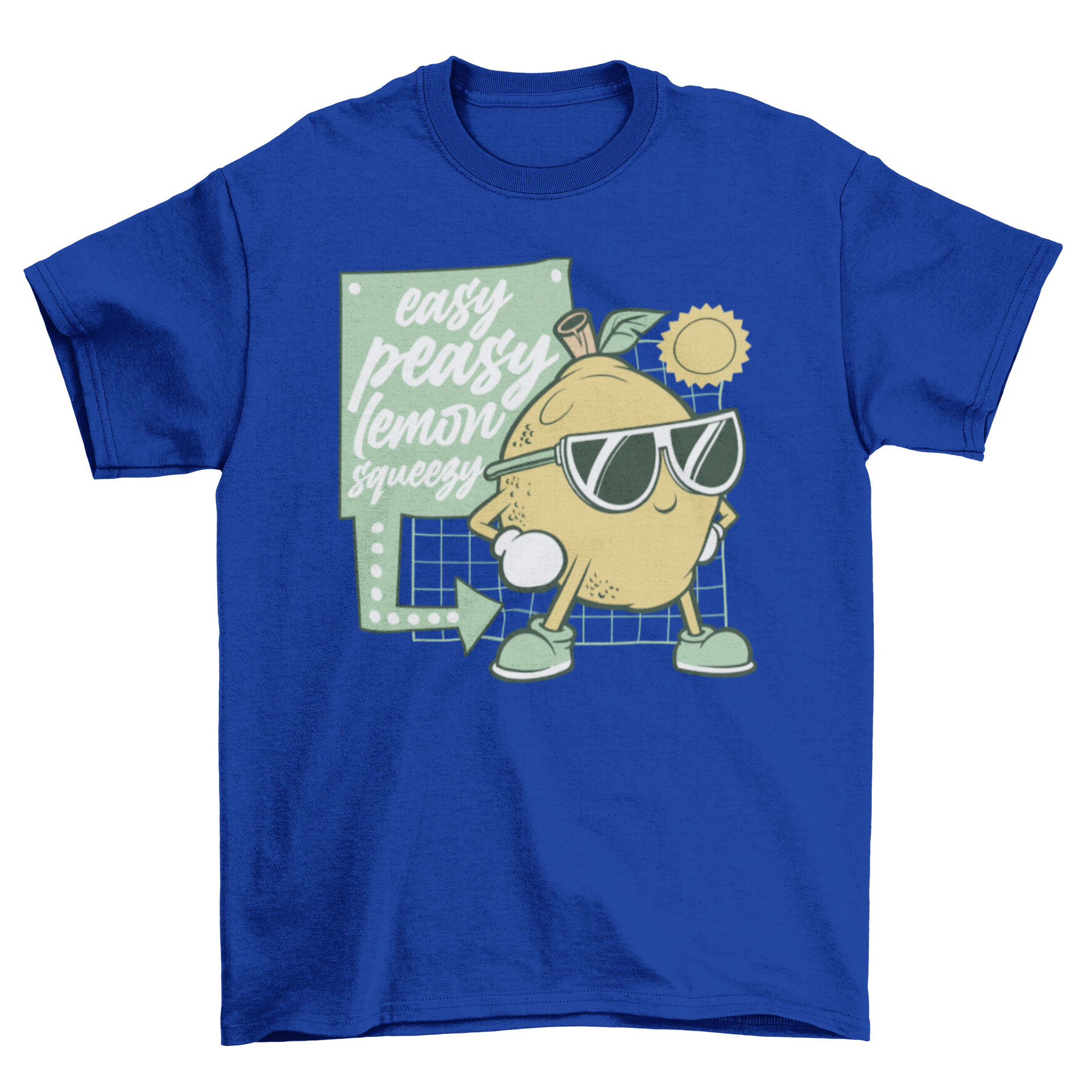 A vibrant cartoon lemon wearing sunglasses with the quote 'Easy peasy lemon squeezy' on a stylish t-shirt.