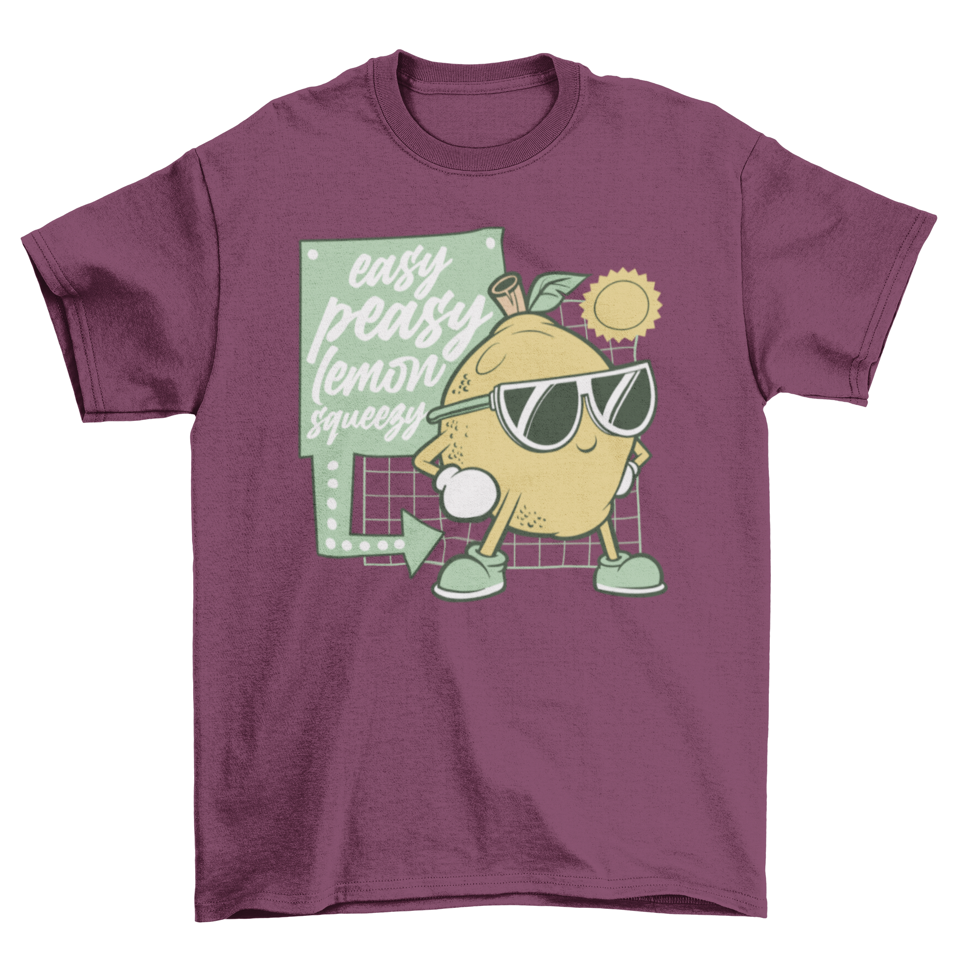 A vibrant cartoon lemon wearing sunglasses with the quote 'Easy peasy lemon squeezy' on a stylish t-shirt.