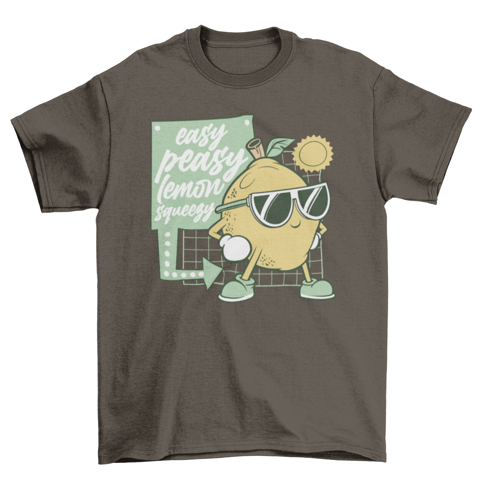 A vibrant cartoon lemon wearing sunglasses with the quote 'Easy peasy lemon squeezy' on a stylish t-shirt.